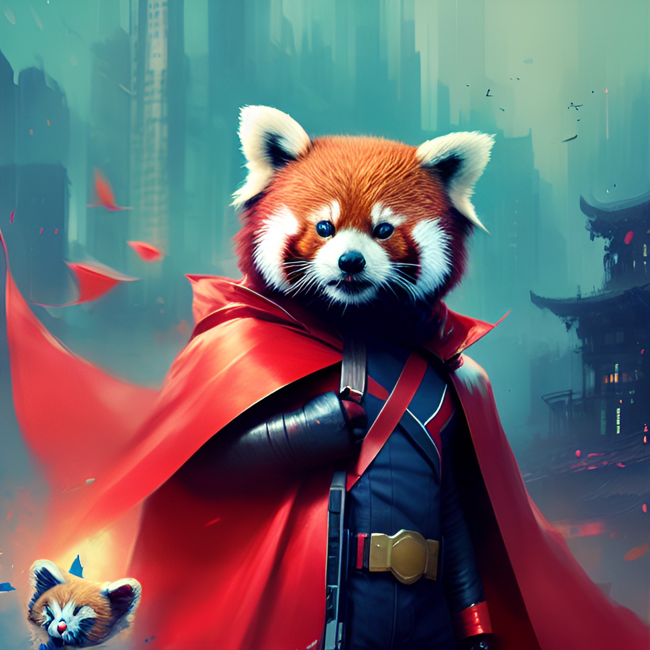 cute red panda wearing a superhero cape preview