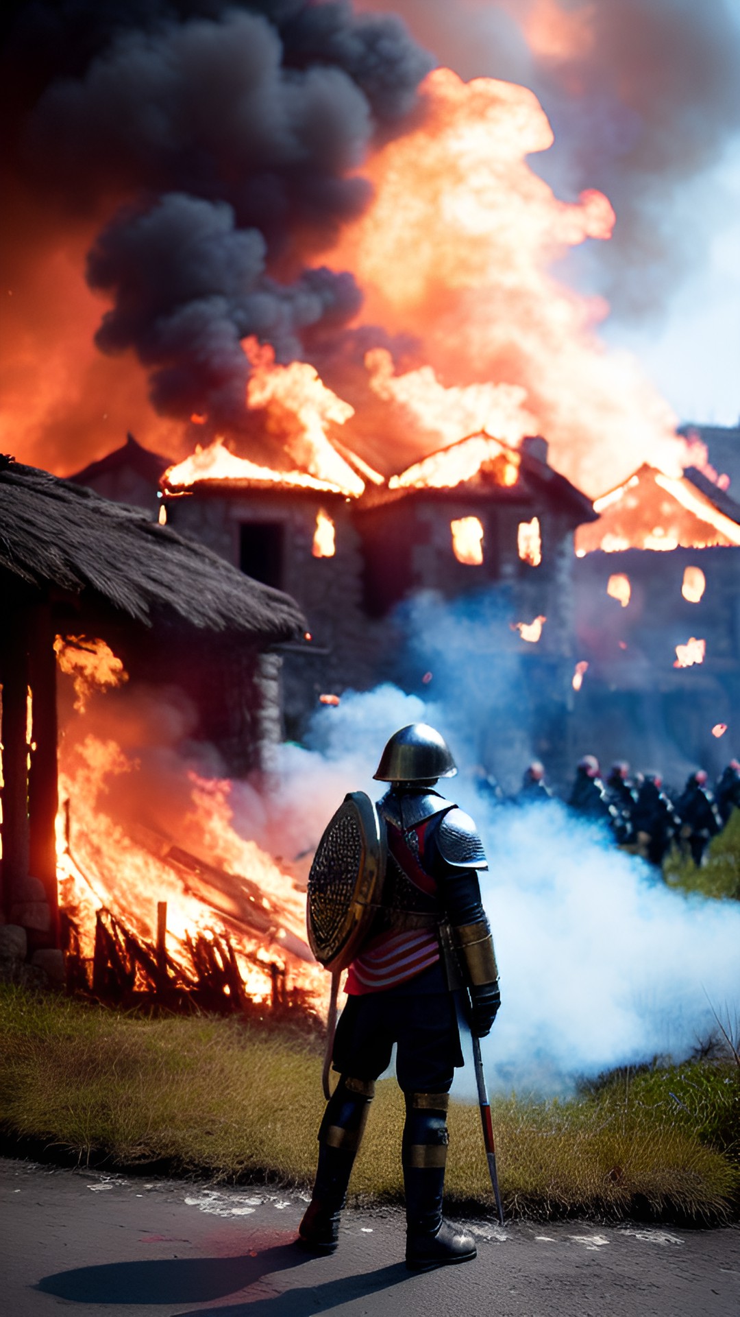 4k, ultra realistic, a conqueror, looking at a village burning with army marching preview