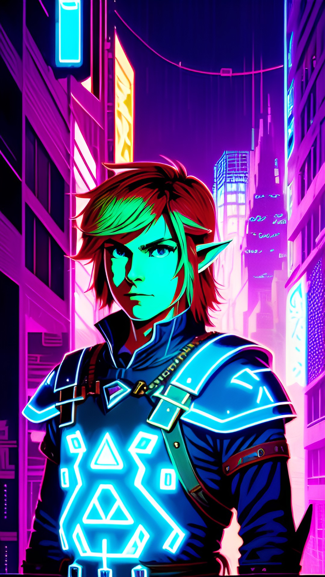 Hyrulean Nights - link from the legend of zelda in a cyberpunk cityscape, ethereal, hyper-detailed, close-up portrait, glowing neon, noctilucent, kilian eng, victo ngai, josan gonzalez, james jean, ineffable, metaphysical, sharp focus preview