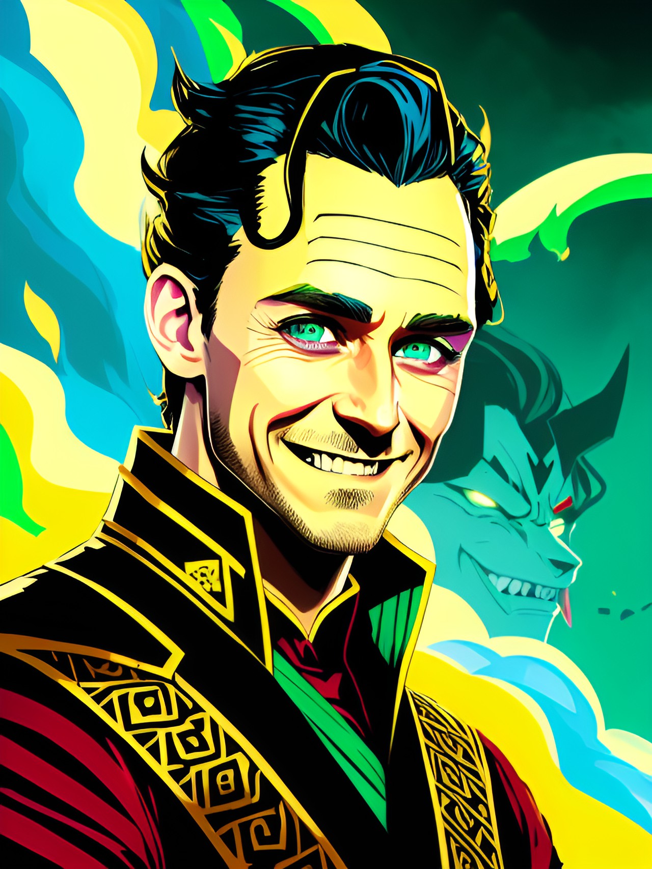 LoKi God of Mischief - a menacing closeup on tom hiddleston's loki, with his piercing green eyes ablaze and a wicked grin on his face, as if he is plotting his next mischievous move." preview