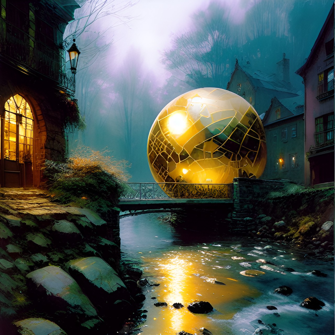 a smooth golden metalic glowing 
orb sitting among river rocks preview