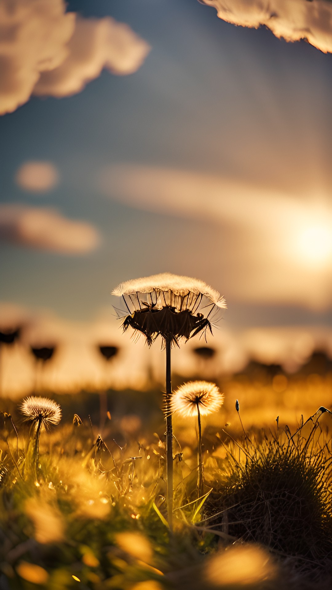 Evening Mood - dandelion forest - a dreamy dandelion forest bathed in golden sunlight, with delicate cotton candy clouds floating in the sky and a gentle breeze blowing the fluffy white seeds of the dandelions in every direction preview