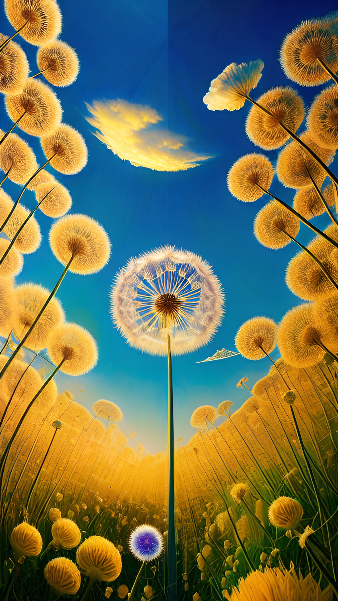 Plant Perfektion - dandelion forest - a dreamy dandelion forest bathed in golden sunlight, with delicate cotton candy clouds floating in the sky and a gentle breeze blowing the fluffy white seeds of the dandelions in every direction preview