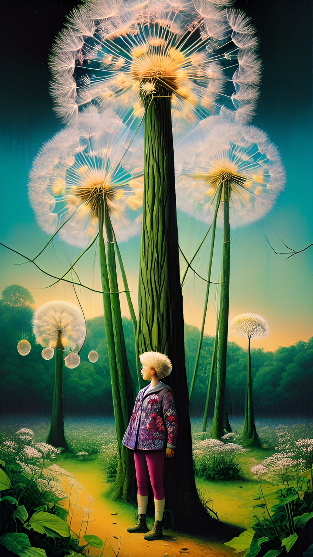 Fairytale Frenzy - huge dandelion trees in a forest, twilight, eerie - a dense forest lit by the eerie glow of twilight, where towering dandelion trees dwarf everything around them, their feathery white seeds floating preview