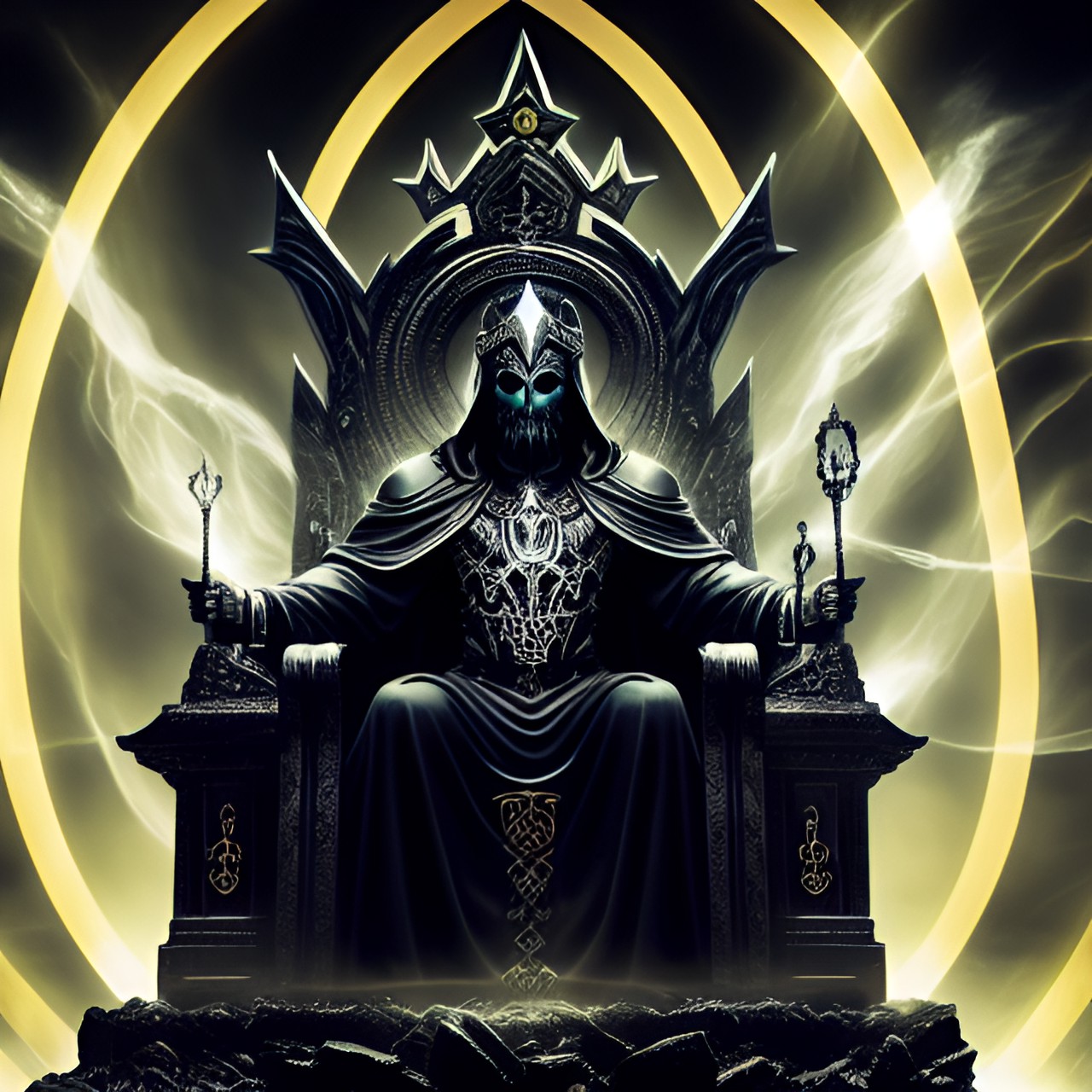 god of souls sitting on a throne in the underworld - god of souls on throne in underworld with skeletal hands and a dark robe. rays of light emanating from behind his head, souls float around him. preview