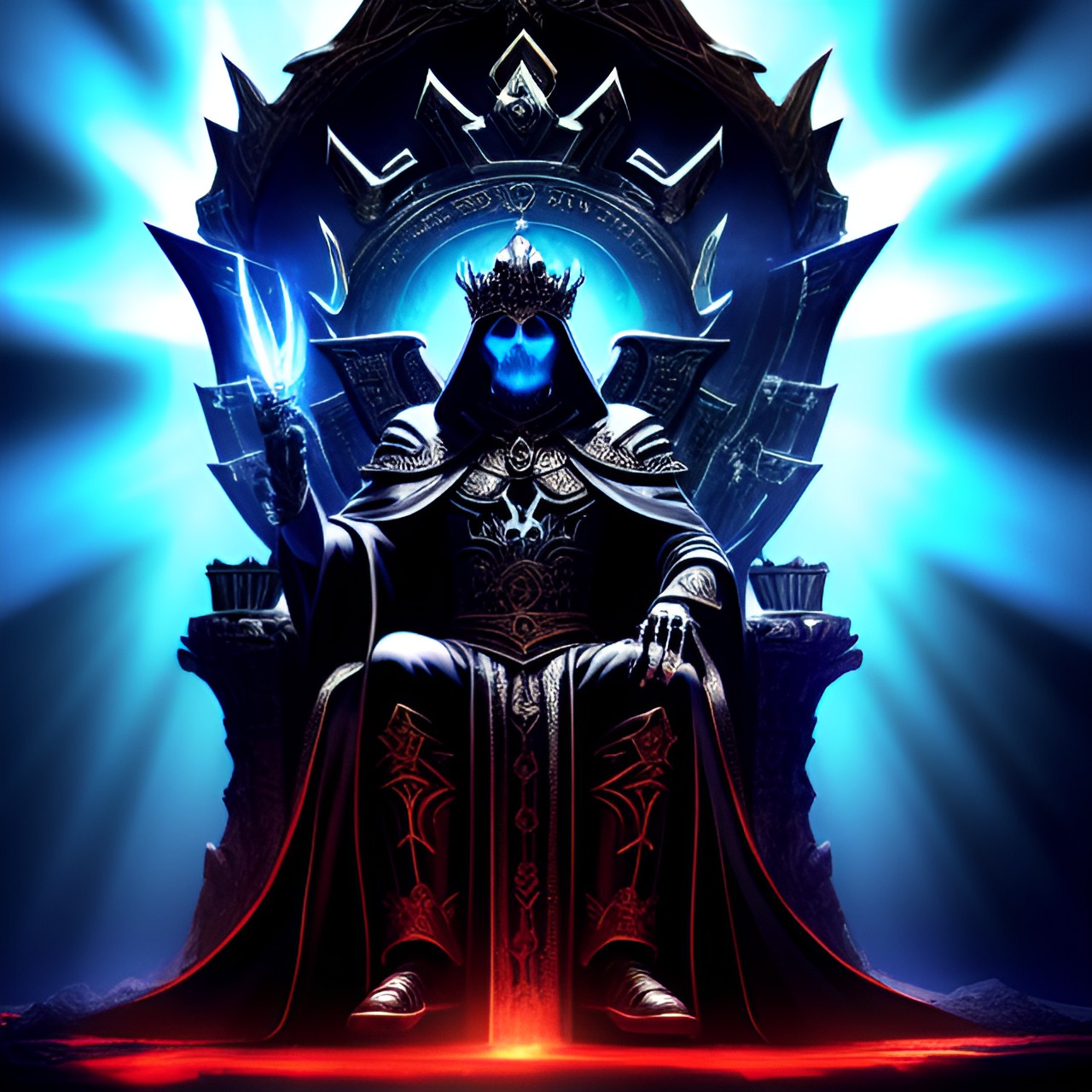 god of souls sitting on a throne in the underworld  - god of souls on throne in underworld with skeletal hands and a dark robe. rays of light emanating from behind his head, souls float around him. preview