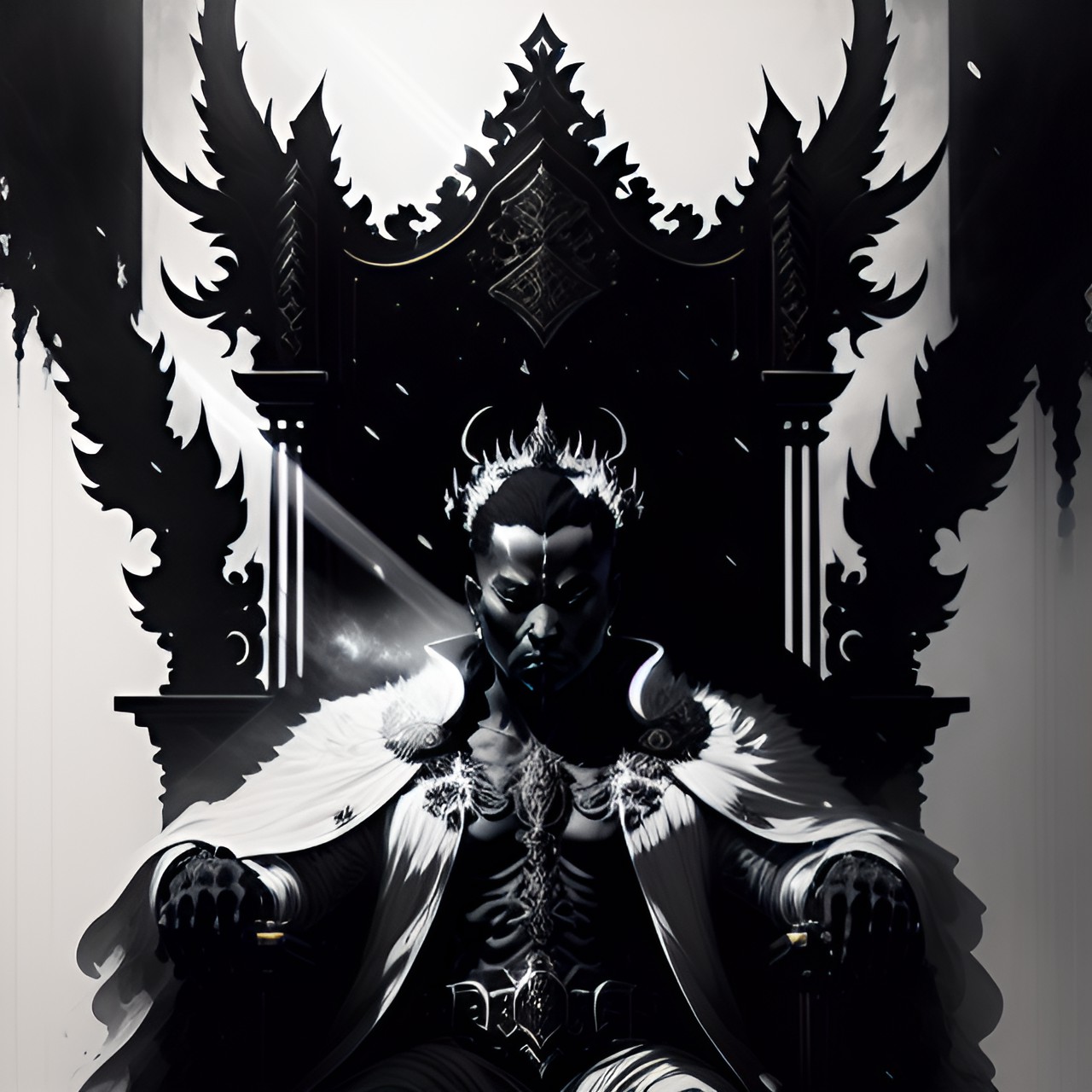 god of souls sitting on a throne in the underworld - god of souls on throne in underworld with skeletal hands and a dark robe. rays of light emanating from behind his head, souls float around him. preview