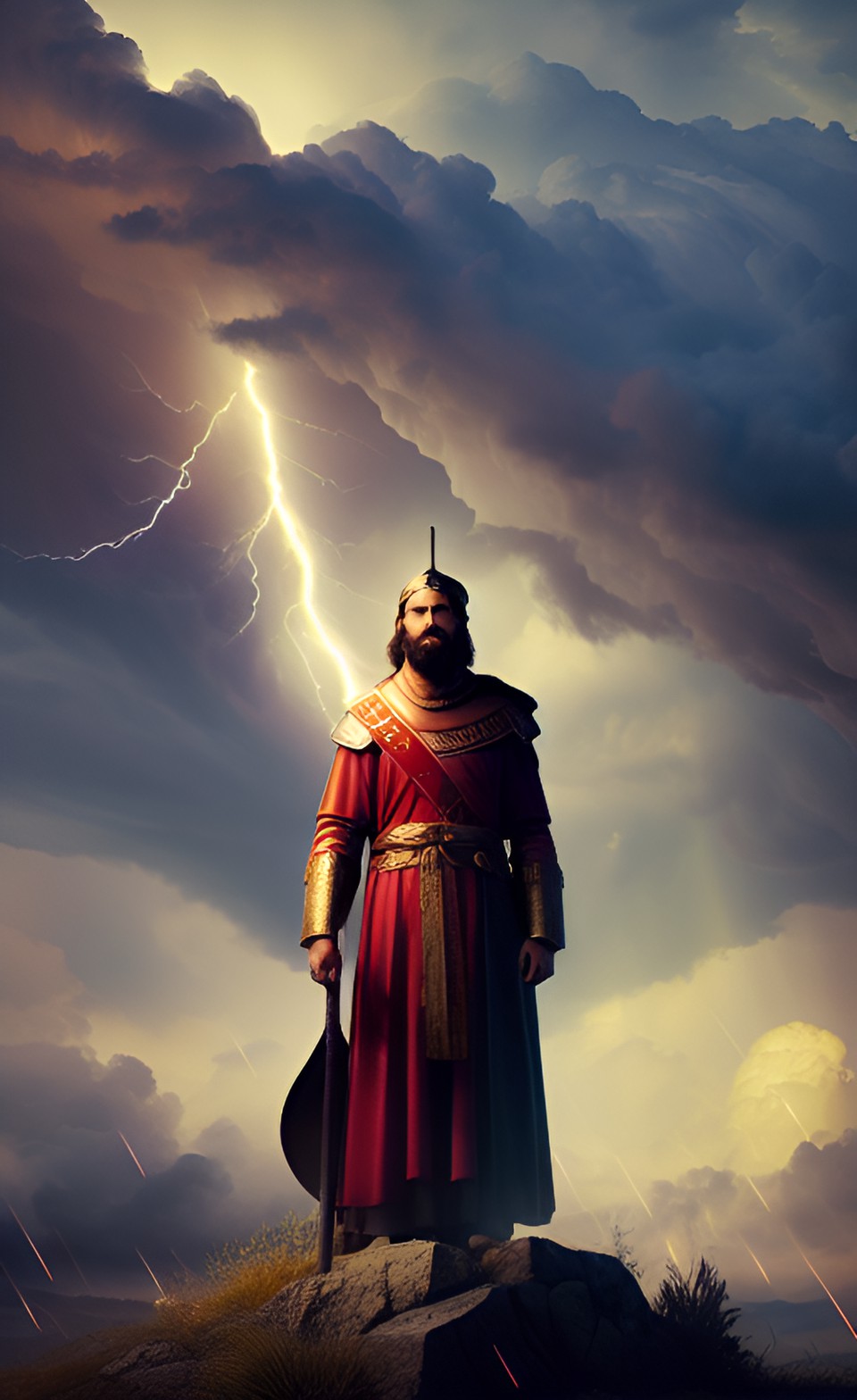 king david standing in the midst of a storm, with lightning striking all around him, but with his eyes closed and his hands raised in surrender to god. preview