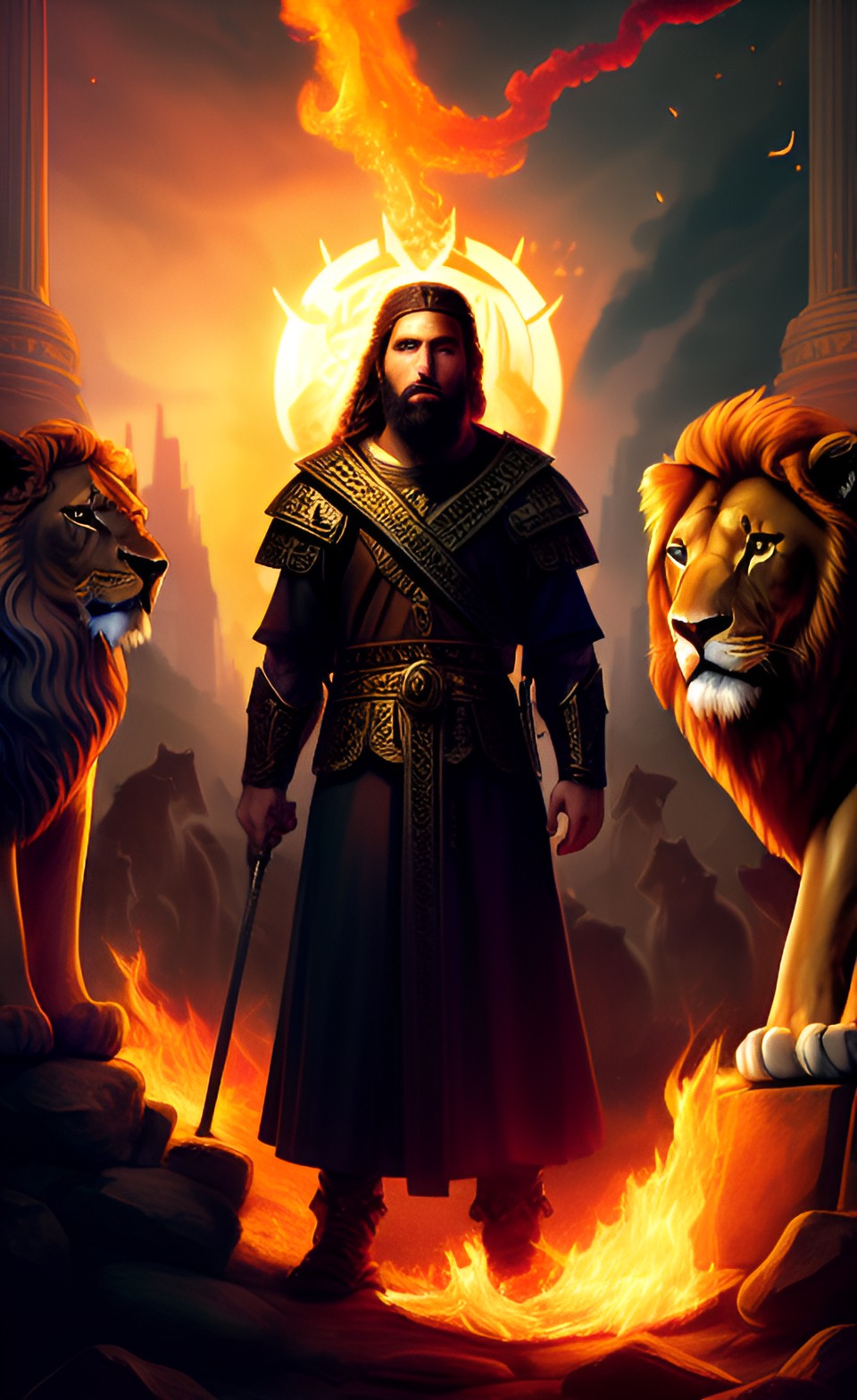 king david standing in the midst of a lion's den, with lions circling him and flames flickering all around, but with his eyes fixed on god and his hand raised in defiance. preview