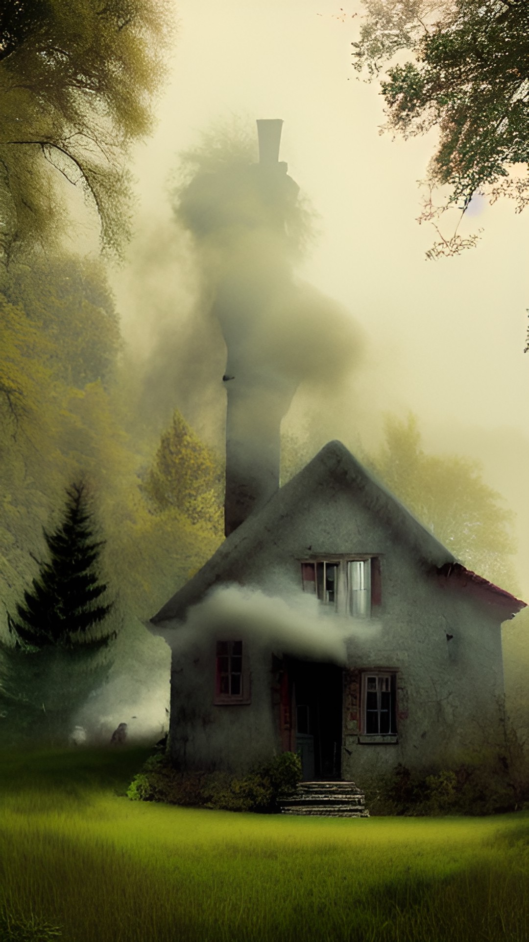 casita con chimenea echando humo, campiña, paisaje con niebla hiper realista preview