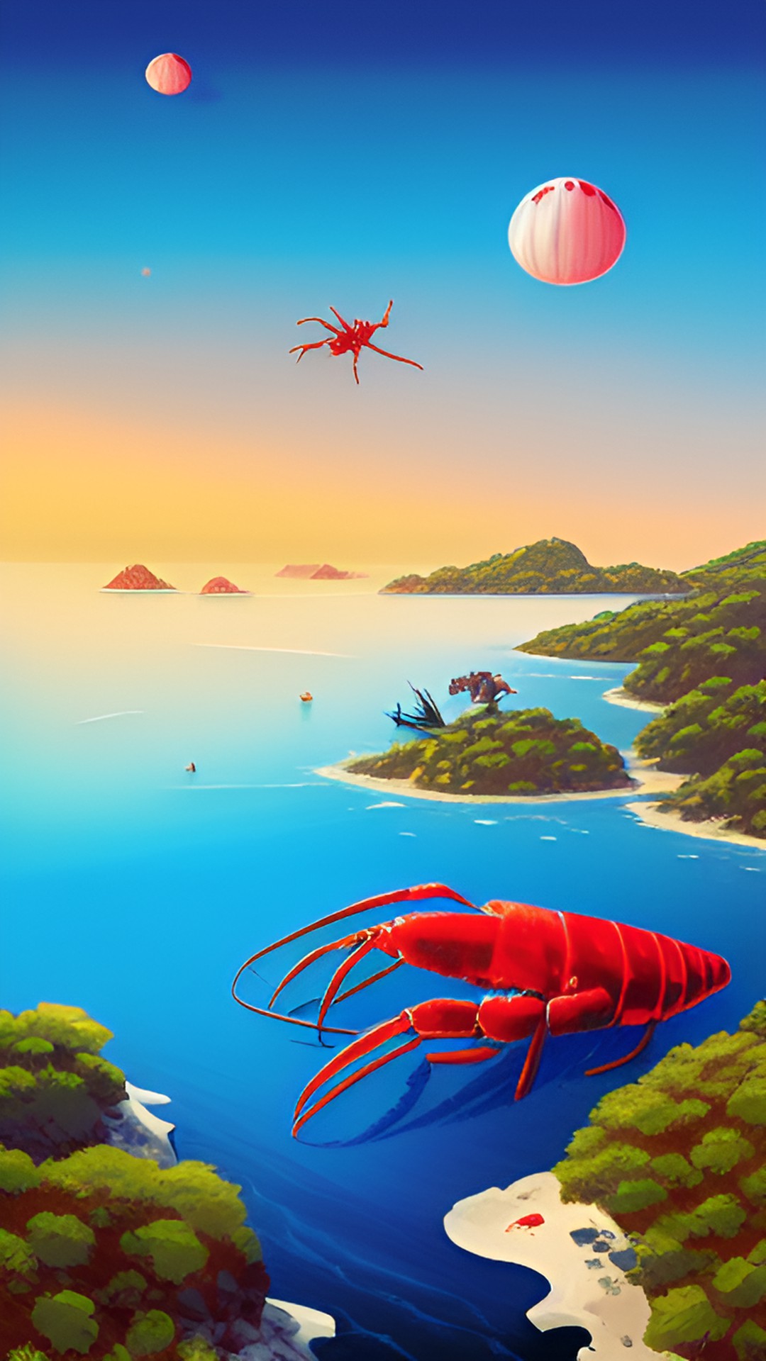 a minimalistic island with lobsters and just with colors red, white, and black preview