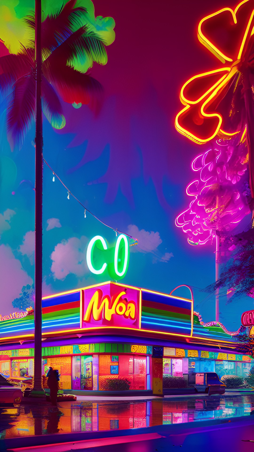 an acid trip with ronald mcdonald, rainbow colors swirl around as he leads through a surreal landscape filled with fast-food imagery and neon signs. preview