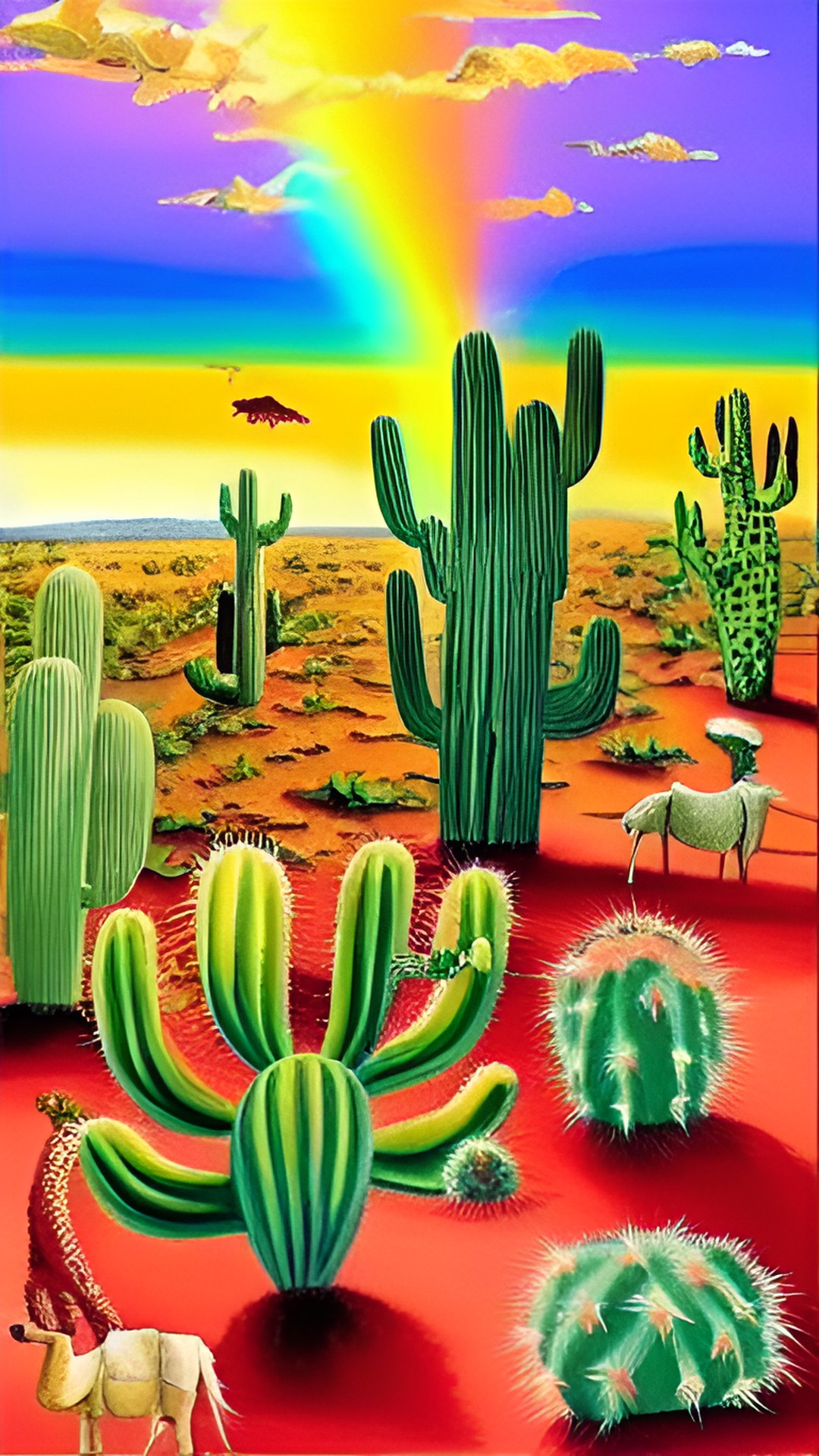 desert scene with cactus and camel. rainbows in the sky preview