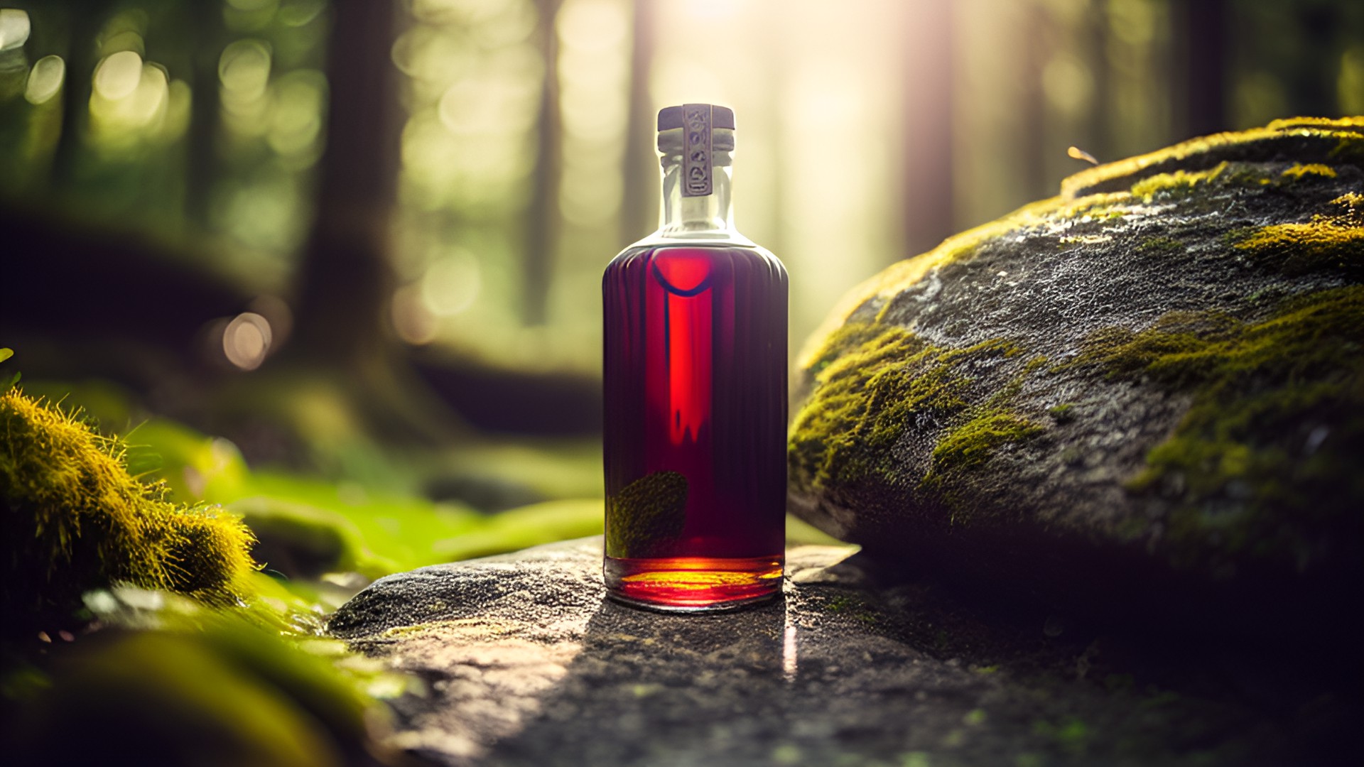 a brown gin bottle on a rock, moss on a rock in a forest, dark and moody, sun ray lighting from behind preview