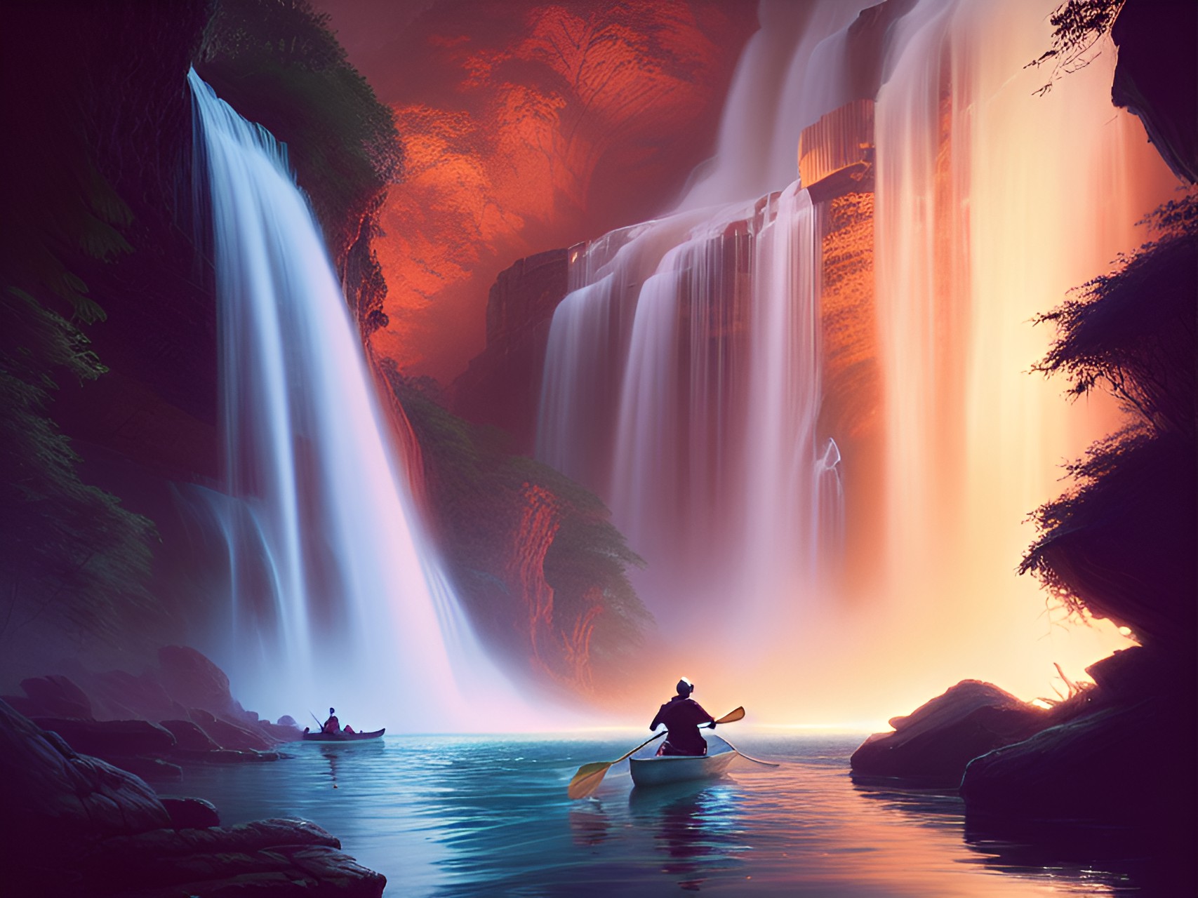 canoeing down a waterfall at sunset preview