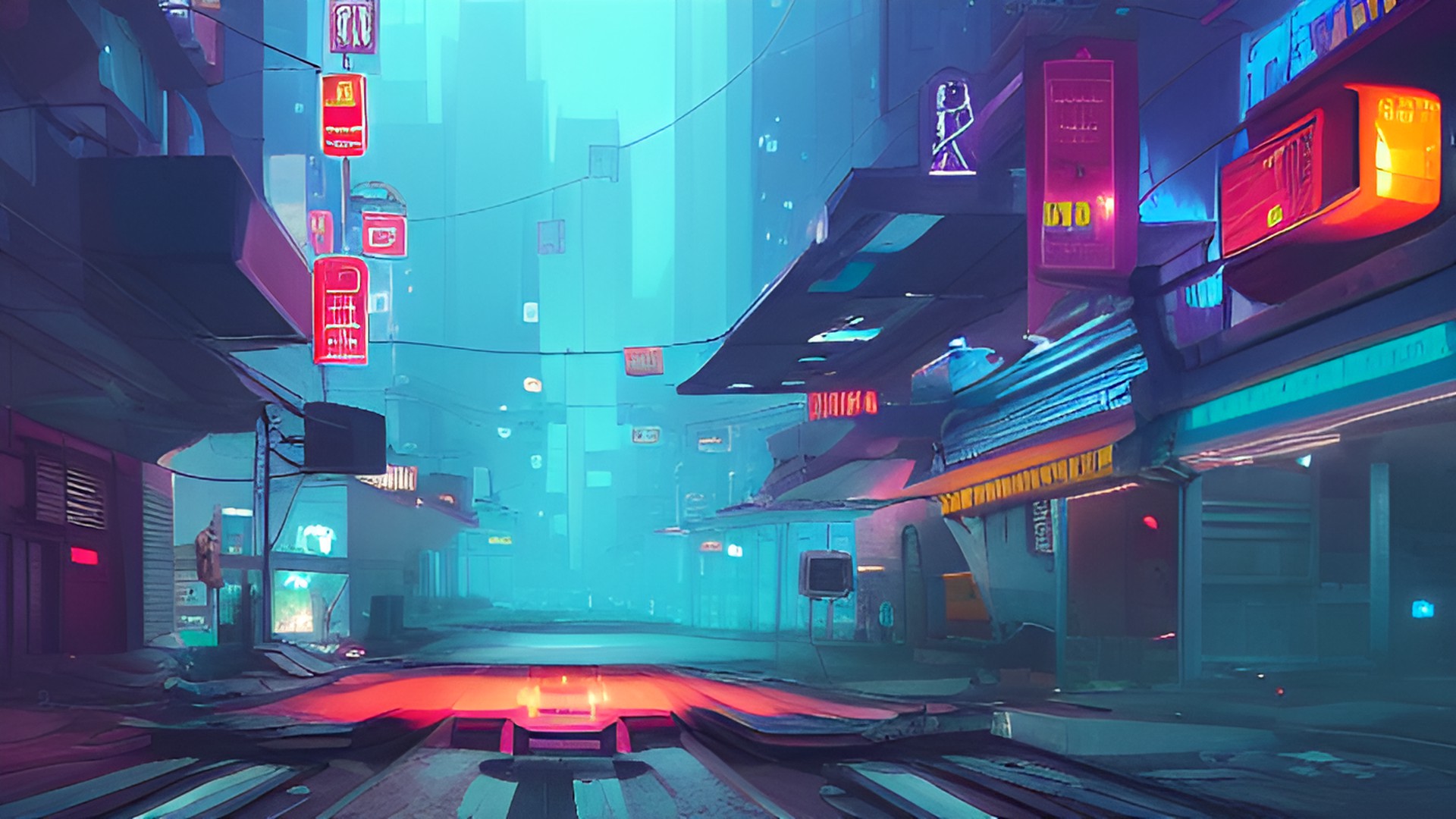 abandoned cyberpunk city, neon signs, blue haze, mist, futuristic, empty preview