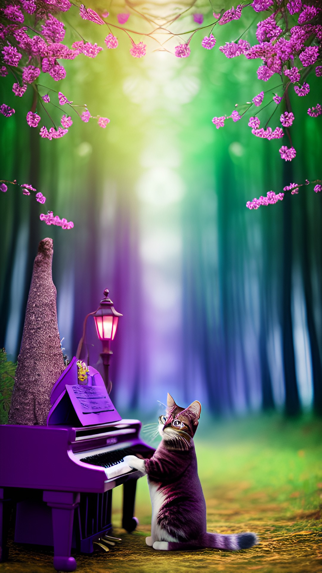 purple cat in magical forest playing the piano preview