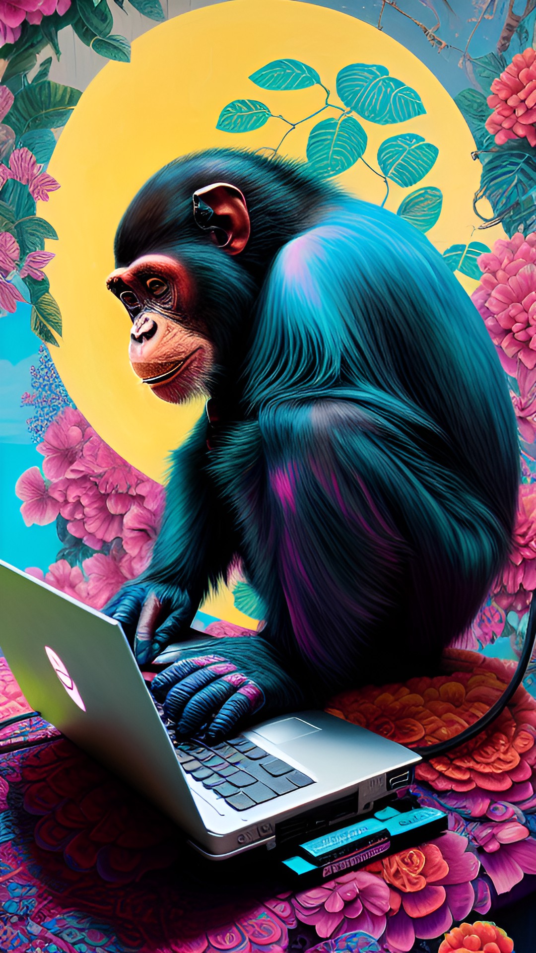 vaporwave portrait of a chimpanzee typing on an old laptop preview