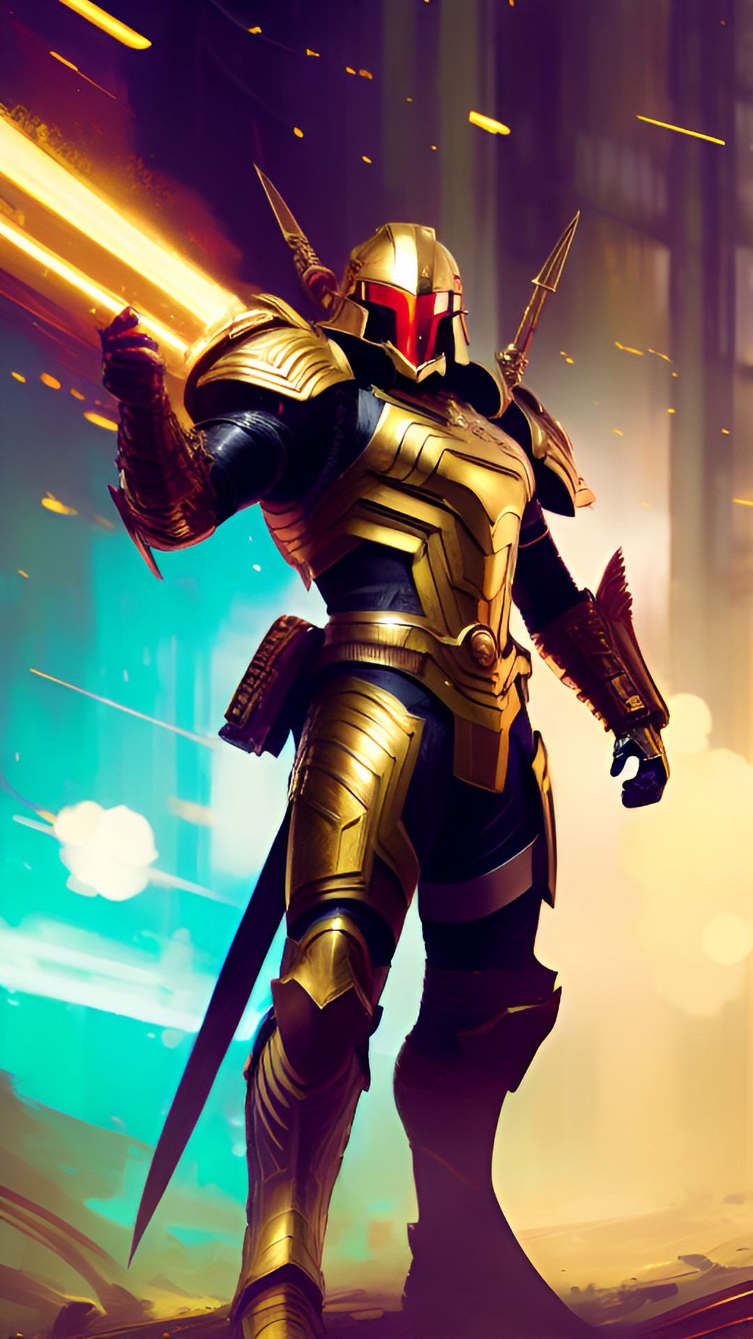 Gold - muscular soldier in golden futuristic armor and a red katana preview