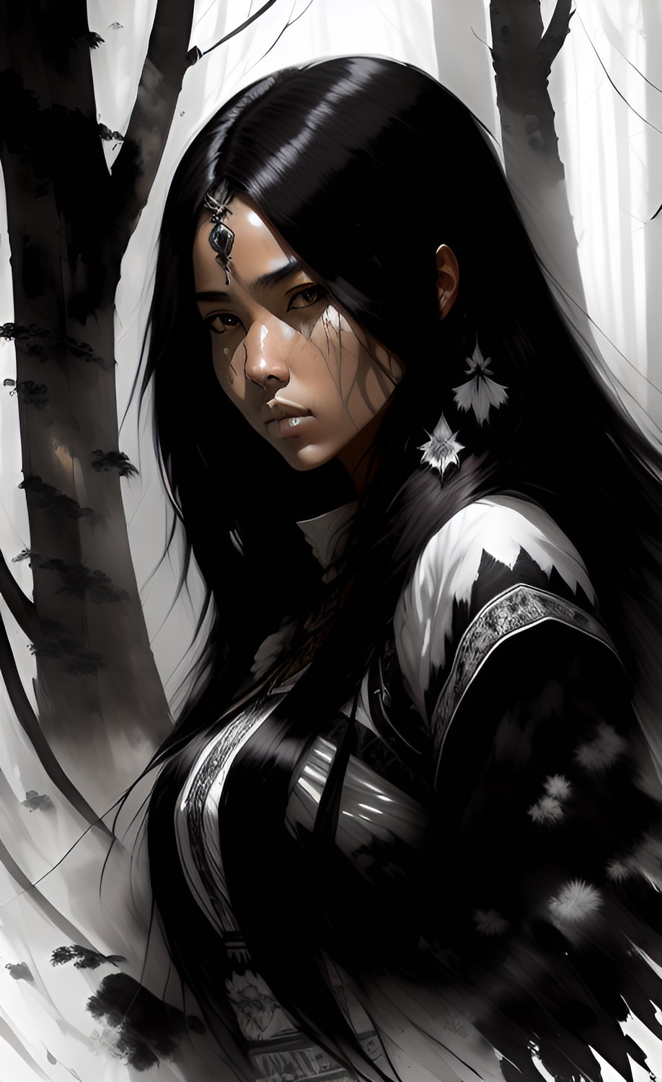 woman with native features. dark long and straight hair. up in the giant trees with her tribe. black sharp eyes. brown skin. wolf pet . soft silk clothes. preview