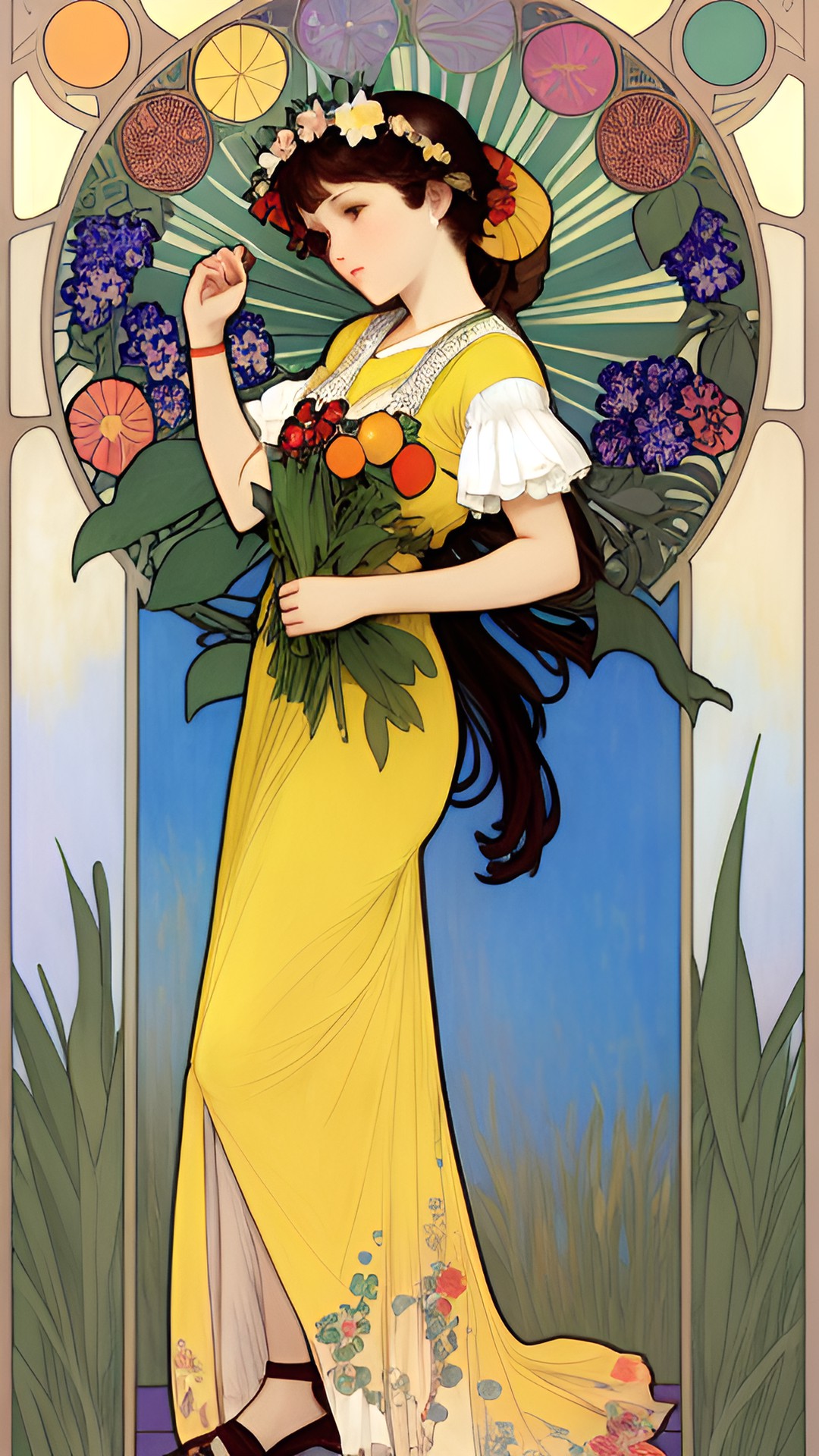 summer, mucha style, yello ears of grain, summer fruits basket preview