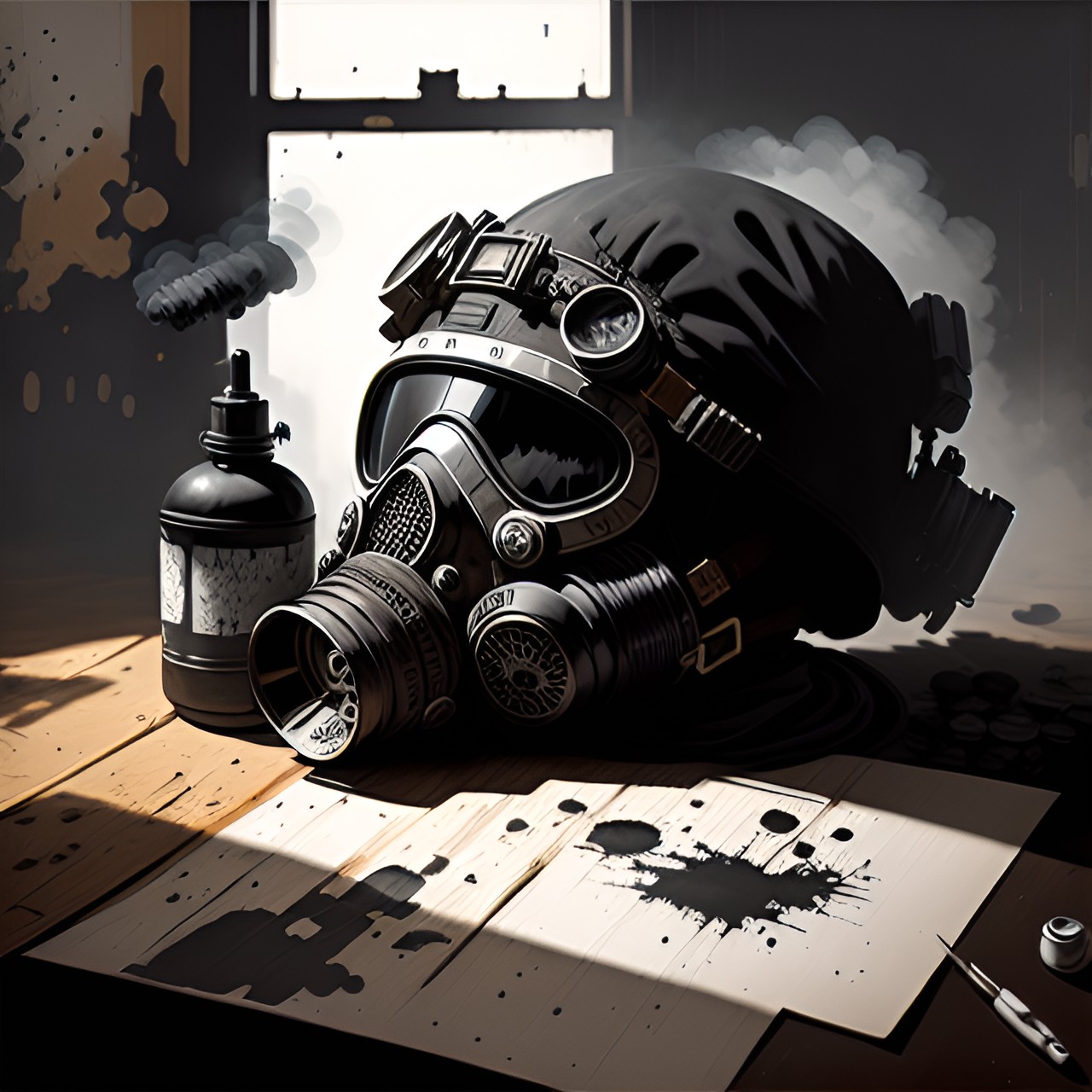 broken gas mask and pistol on the table preview