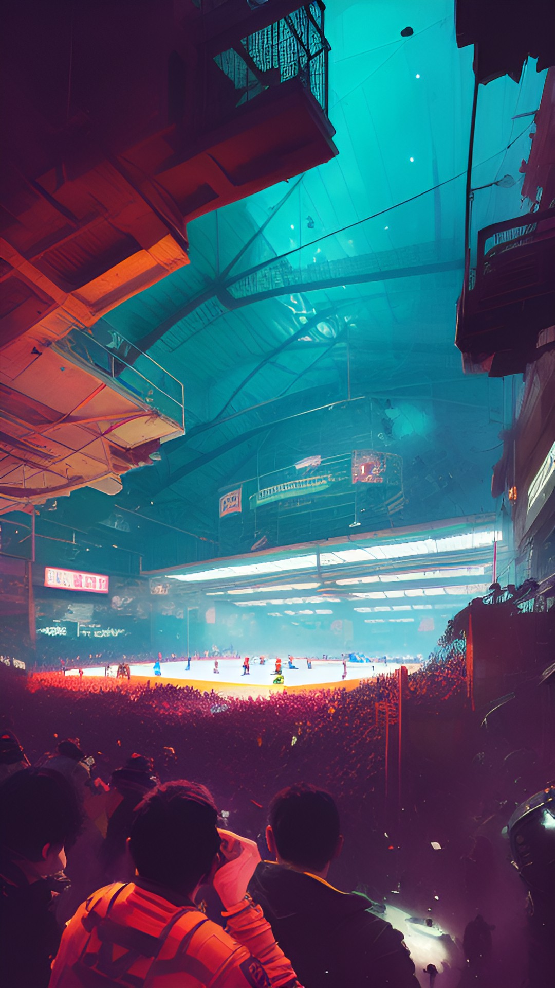 an underground fighting arena with a cheering and boisterous crowd around the rink preview