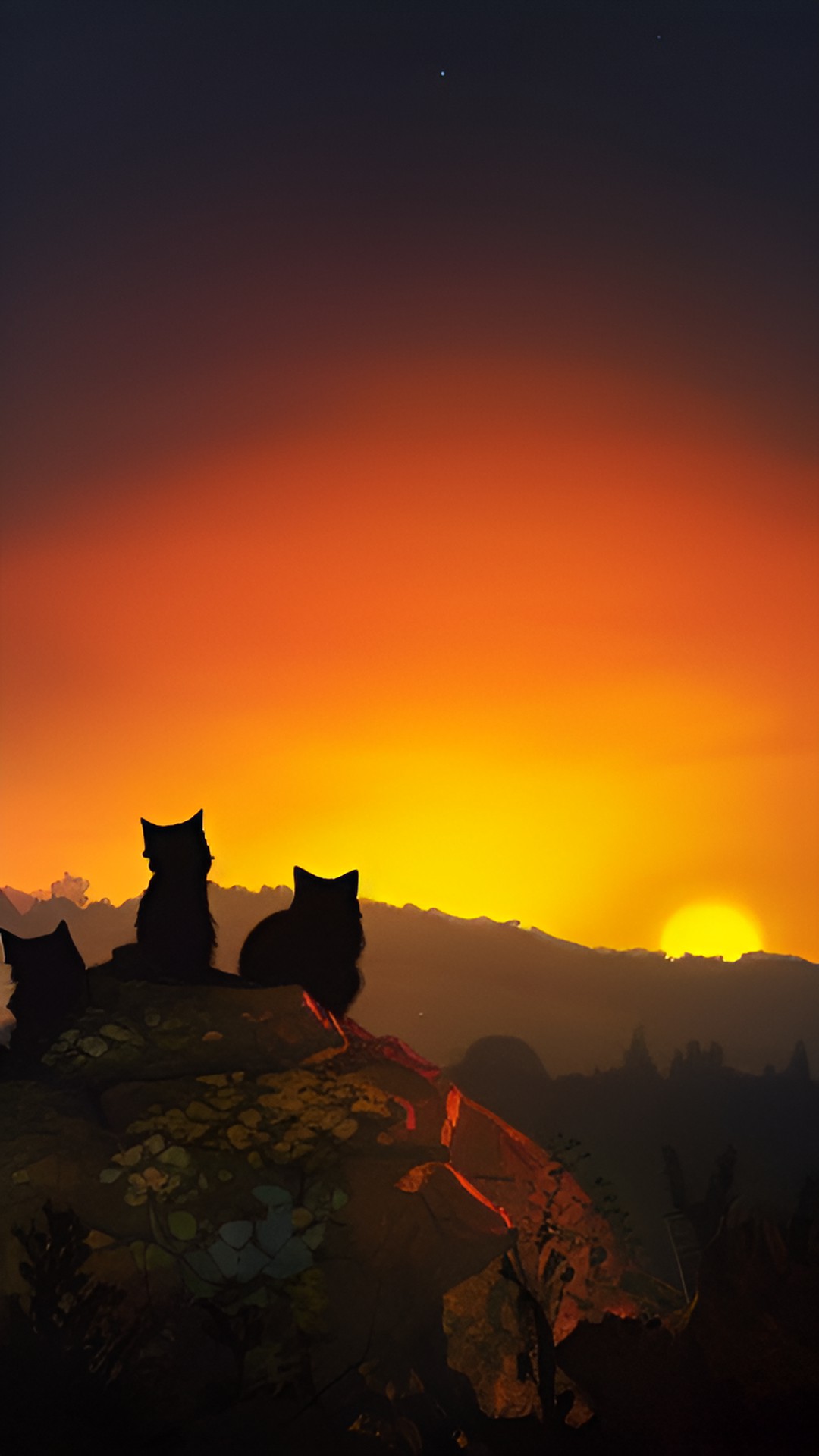 sunset on a hill with a silhouette of a cat and two kittens preview