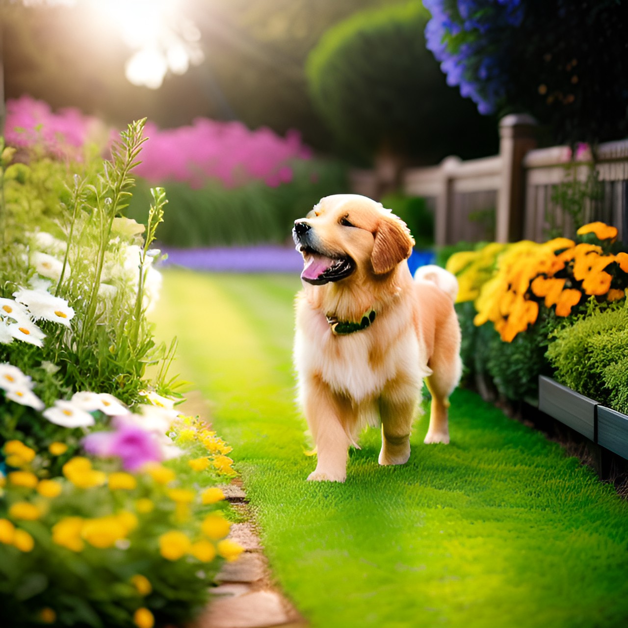 Woof woof - realistic puppy, golden retriever playing in a flowery garden with the sun shining preview