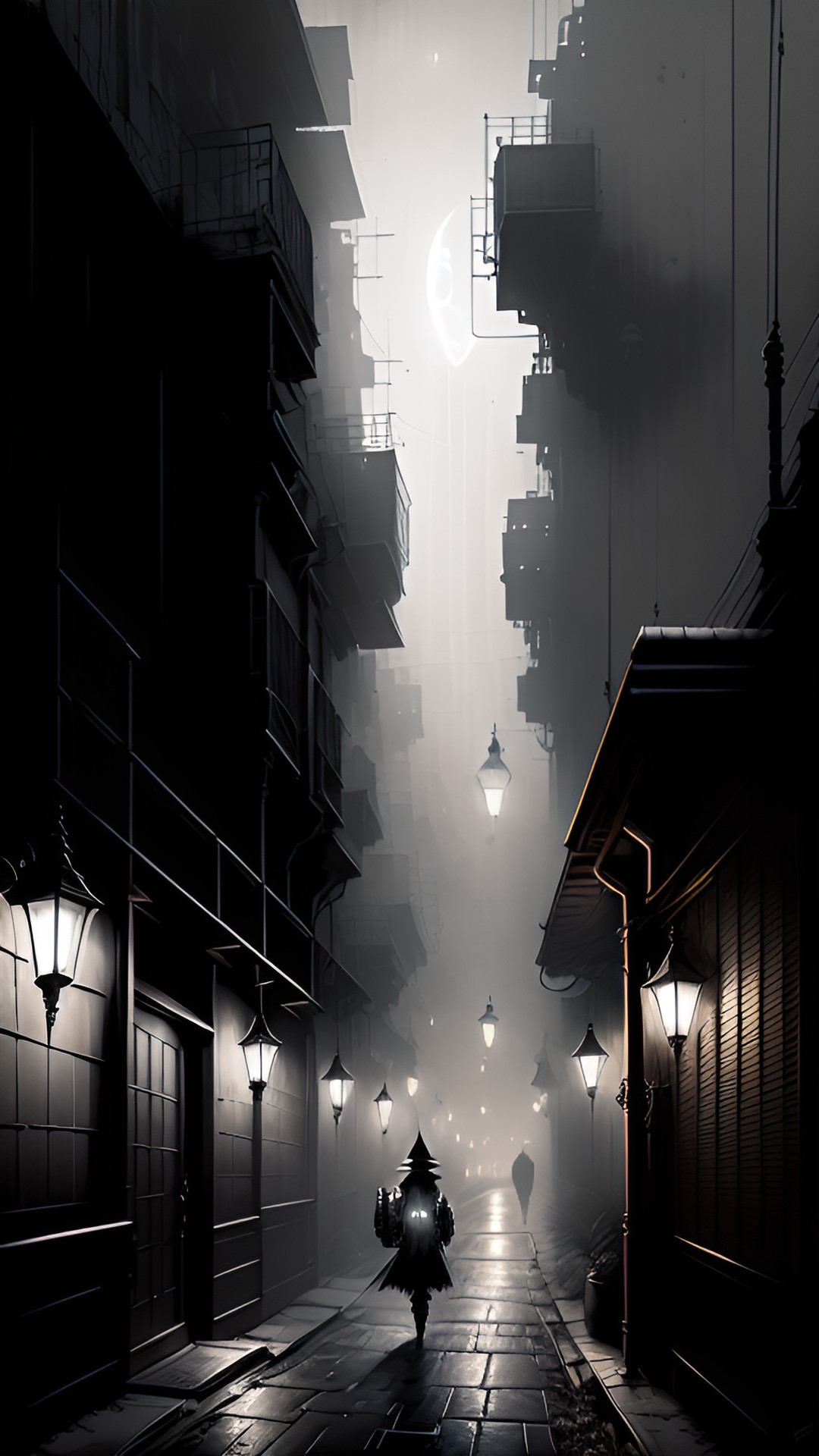 industrial moonlight darkness steampunk foggy alleyway preview