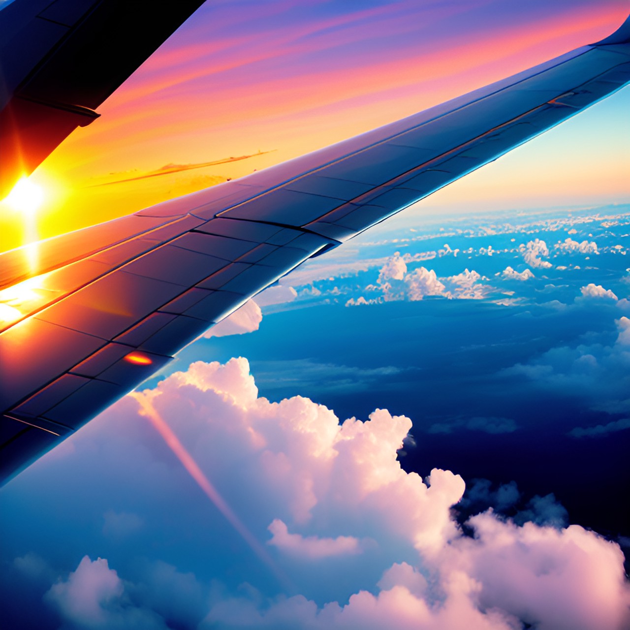 view out of airplane window outside sunset clouds airplane wing preview