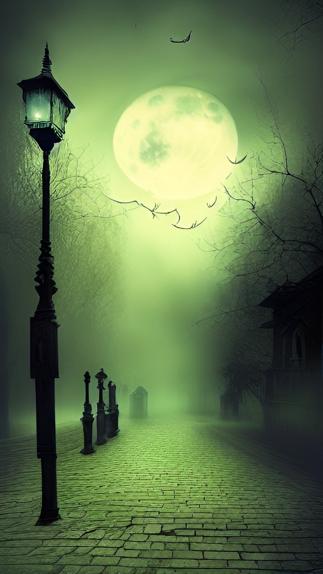 Large moon. Path - victorian era town. red blood moon. dense fog. horror. fantasy preview