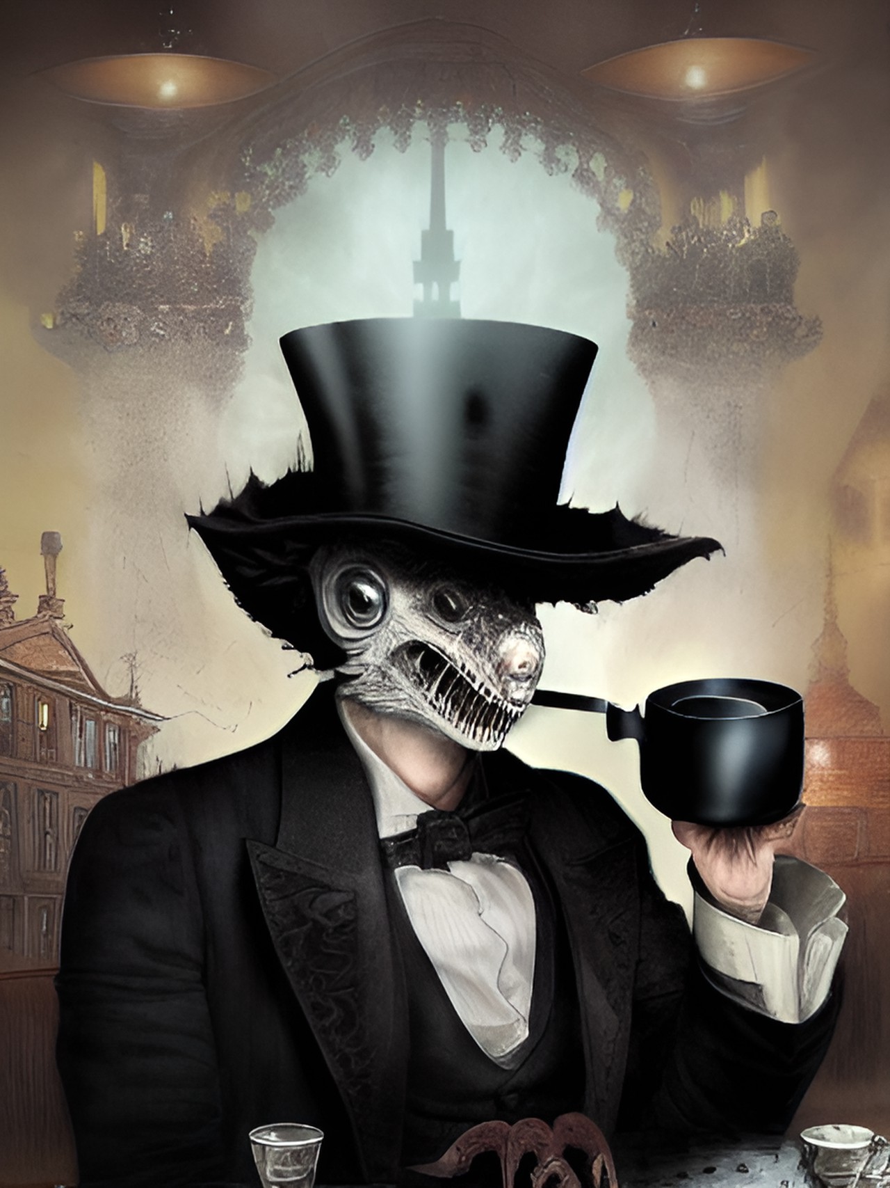 Not what I asked for - t-rex wearing a top hat drinking tea preview