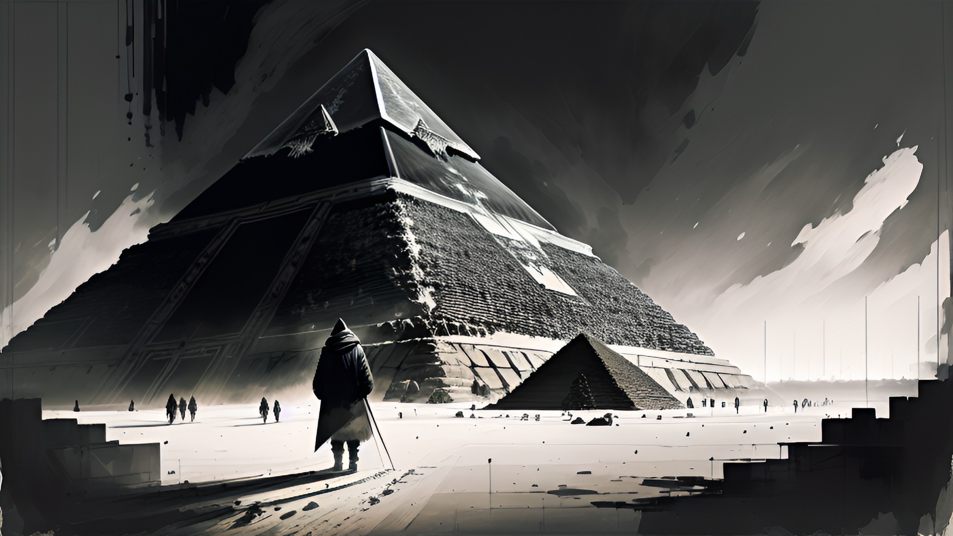 a man standing on the ground, the pyramid of giza in front of him preview