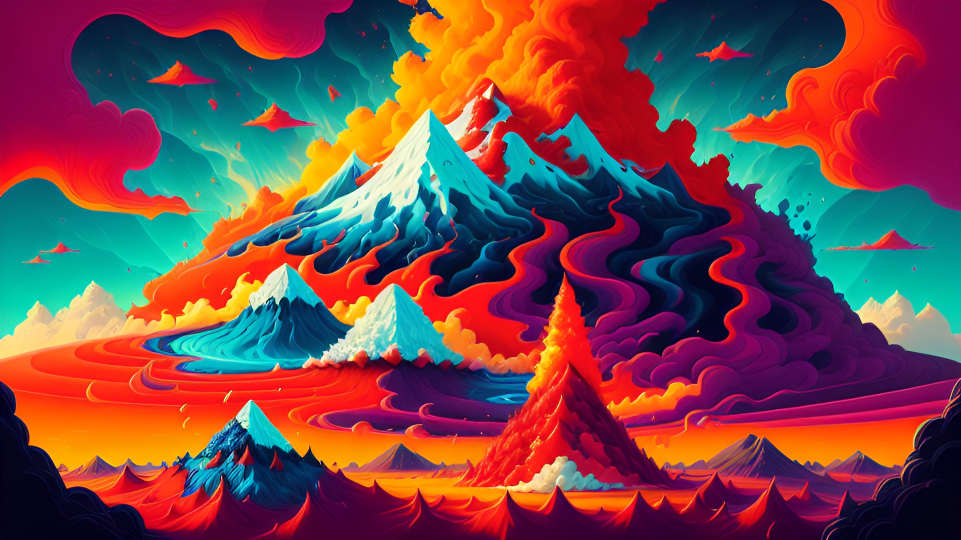 happy little volcano - a towering, happy little volcano erupting with bright red lava and billowing clouds of smoke, framed by a vivid blue sky. preview