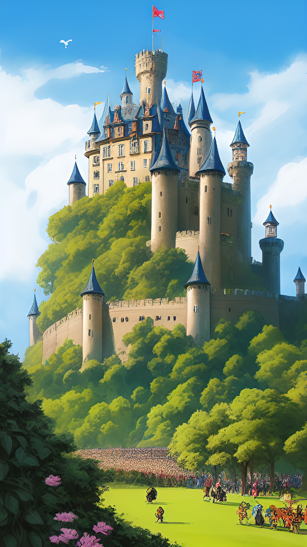 crowded castle - a majestic castle perched atop a hill, surrounded by a bustling village filled with merchants, knights in shining armor, and peasants going about their daily tasks. preview