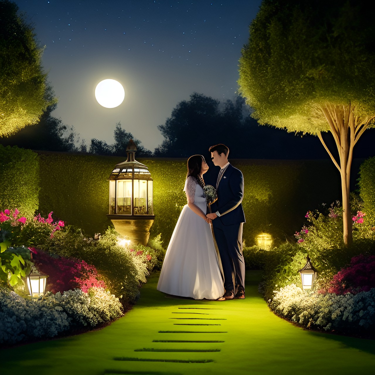 midnight, full moon, romantic rendezvous in the garden preview