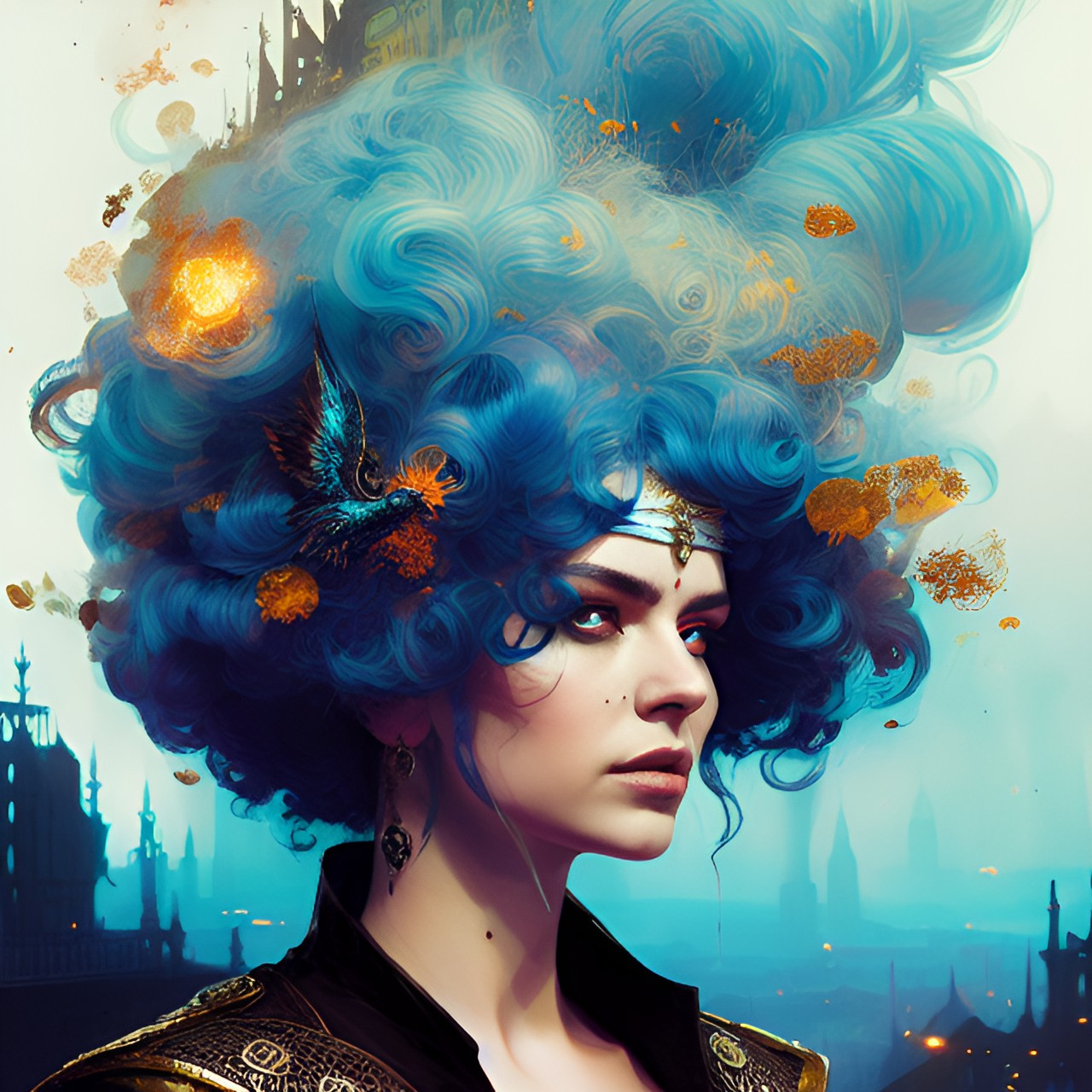 fire, queen, blue hair, curly hair, rammstein, rock, medieval preview