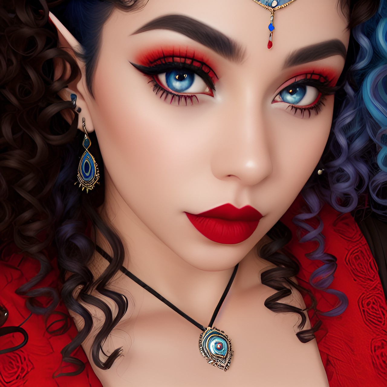 blue hair, red lips, curly hair, thin lips, brown eyes, white skin, goth,virgo,lunar nariz,elf preview