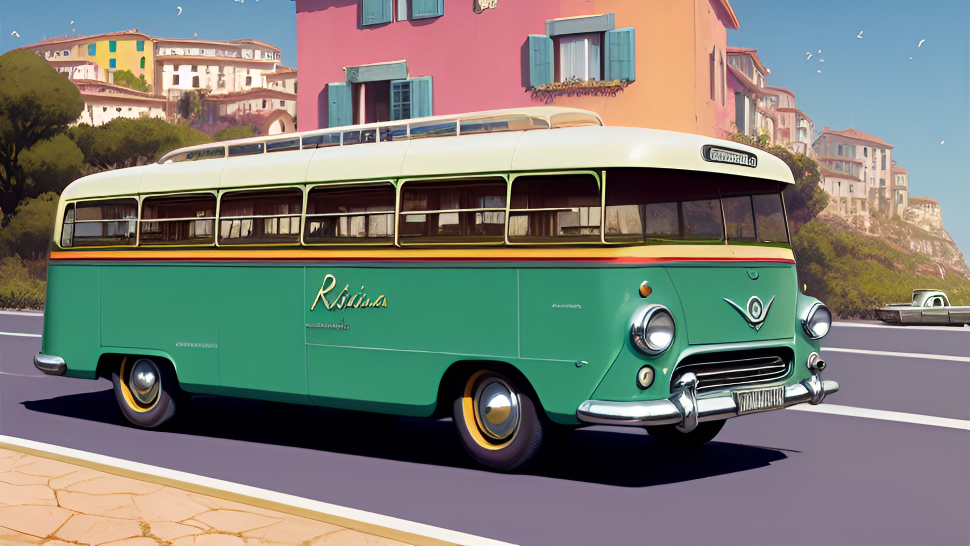 1955s,ikarus bus on italian seaside road,dolcevita preview