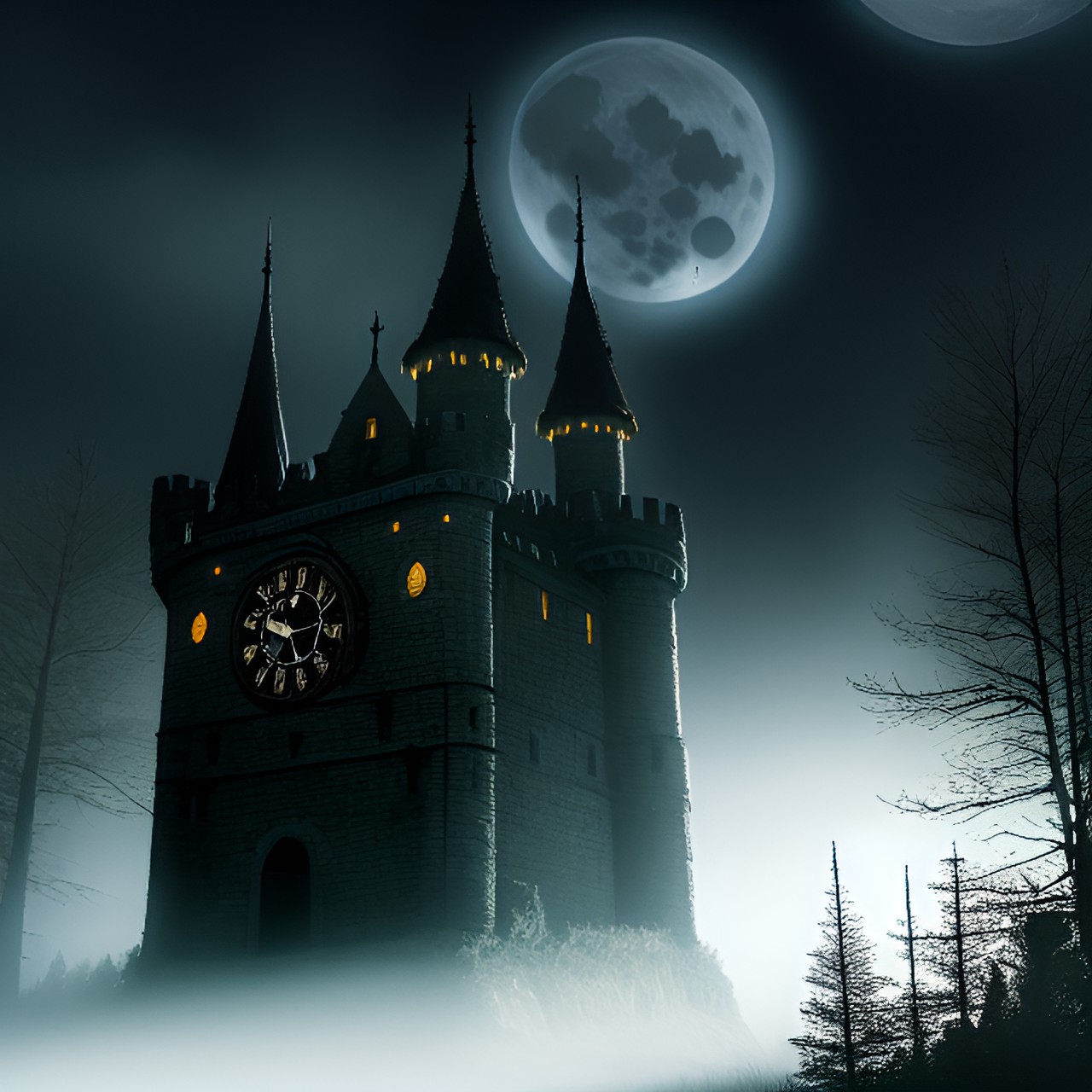 "ruined castle in a dark and misty forest under a full moon. then there’s a clock is mysterious. preview