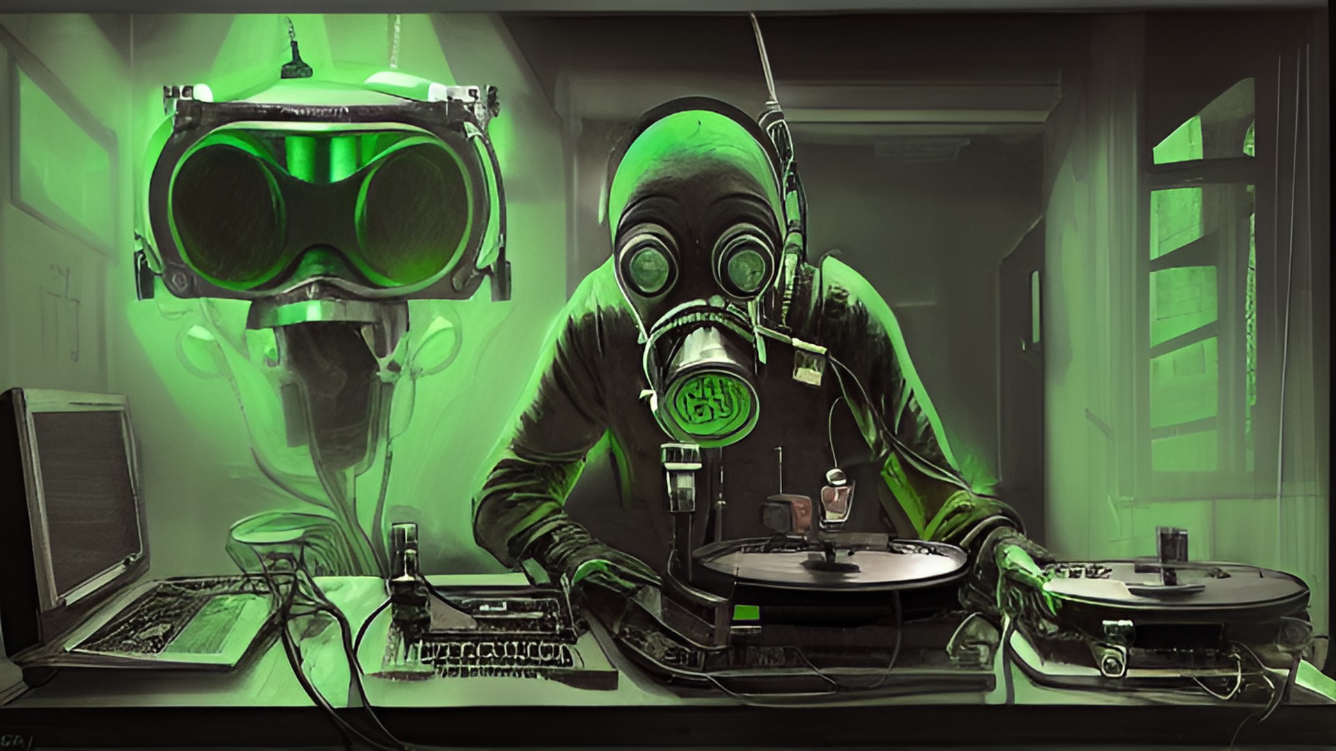 generate a dark alien with a gasmask  mixing mk2 turntables in a gloomy world with green electric colors. he is audio engineering. preview