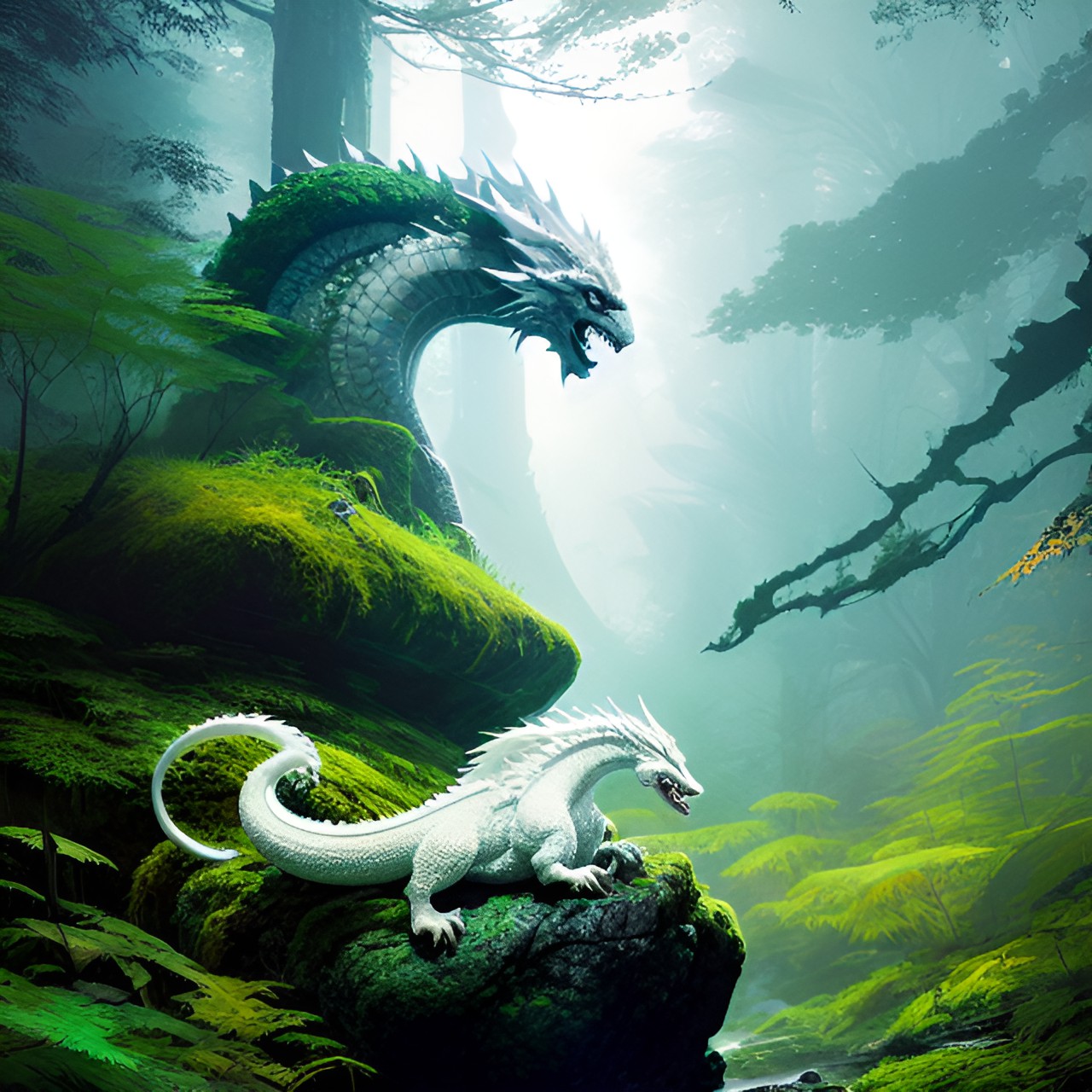 the white dragon sleeping on a rock in the forest  - the white dragon rests on a moss-covered boulder amid lush foliage. its ivory scales glimmer in the gentle light filtering through the trees. preview