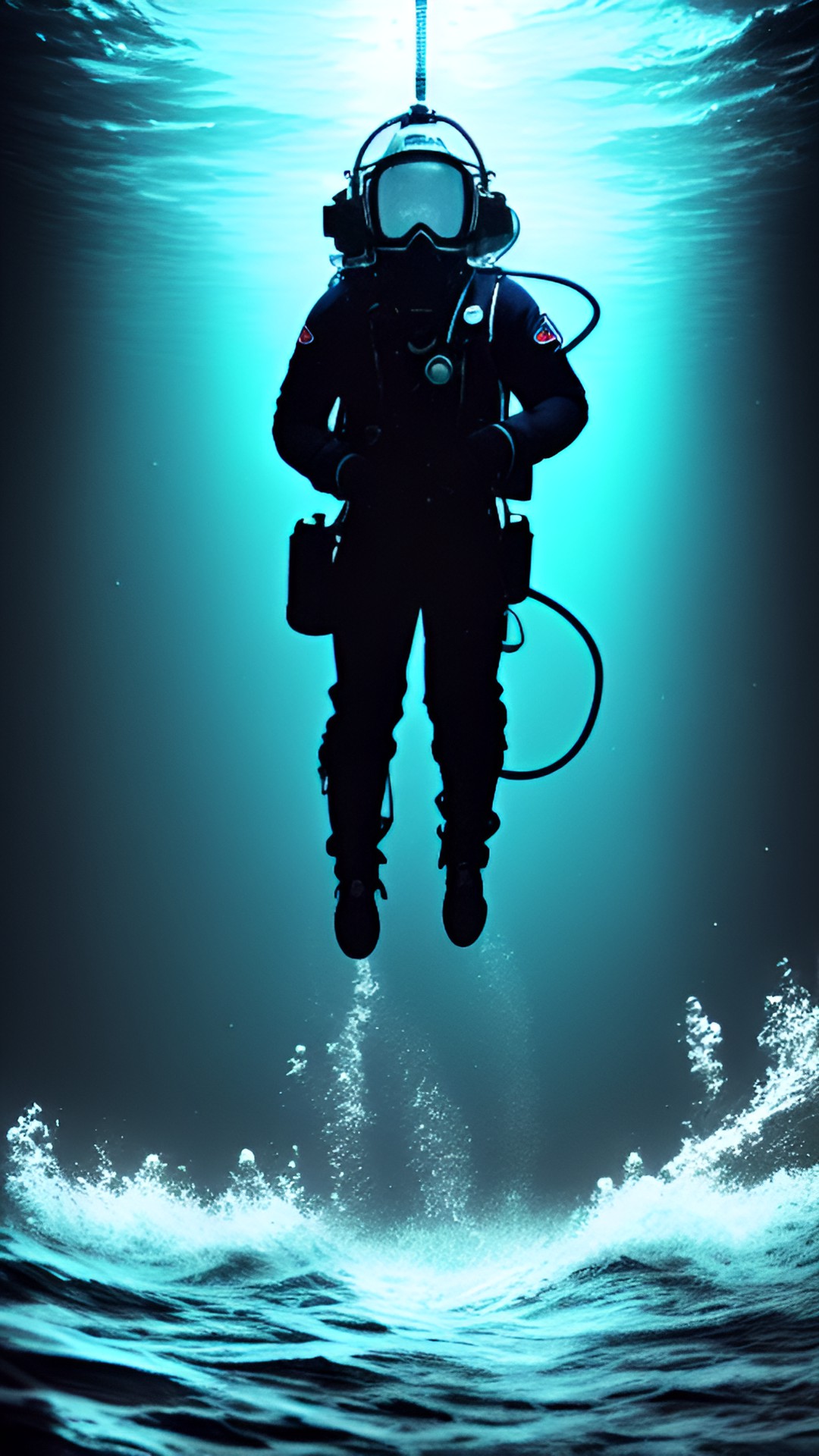 a deep-sea diver walking on the darkness of the botton of the ocean preview