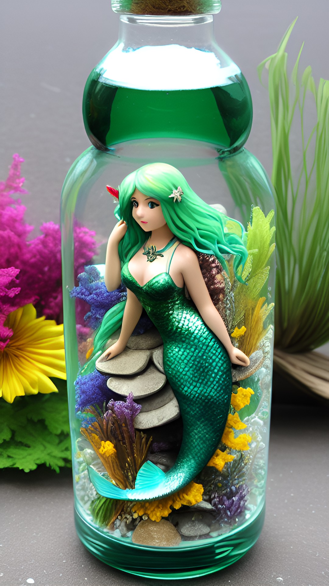 Mermaid 🧜‍♀️ - mermaid with long green hair in a bottle, dried flowers next to the bottle, litle fish's preview