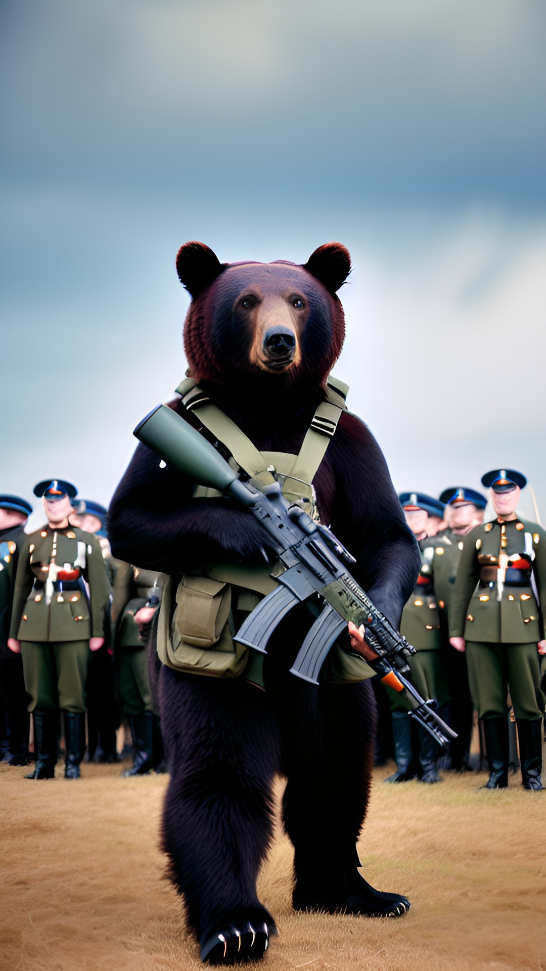 bear holding military gun standing across from a row of british soldiers preview