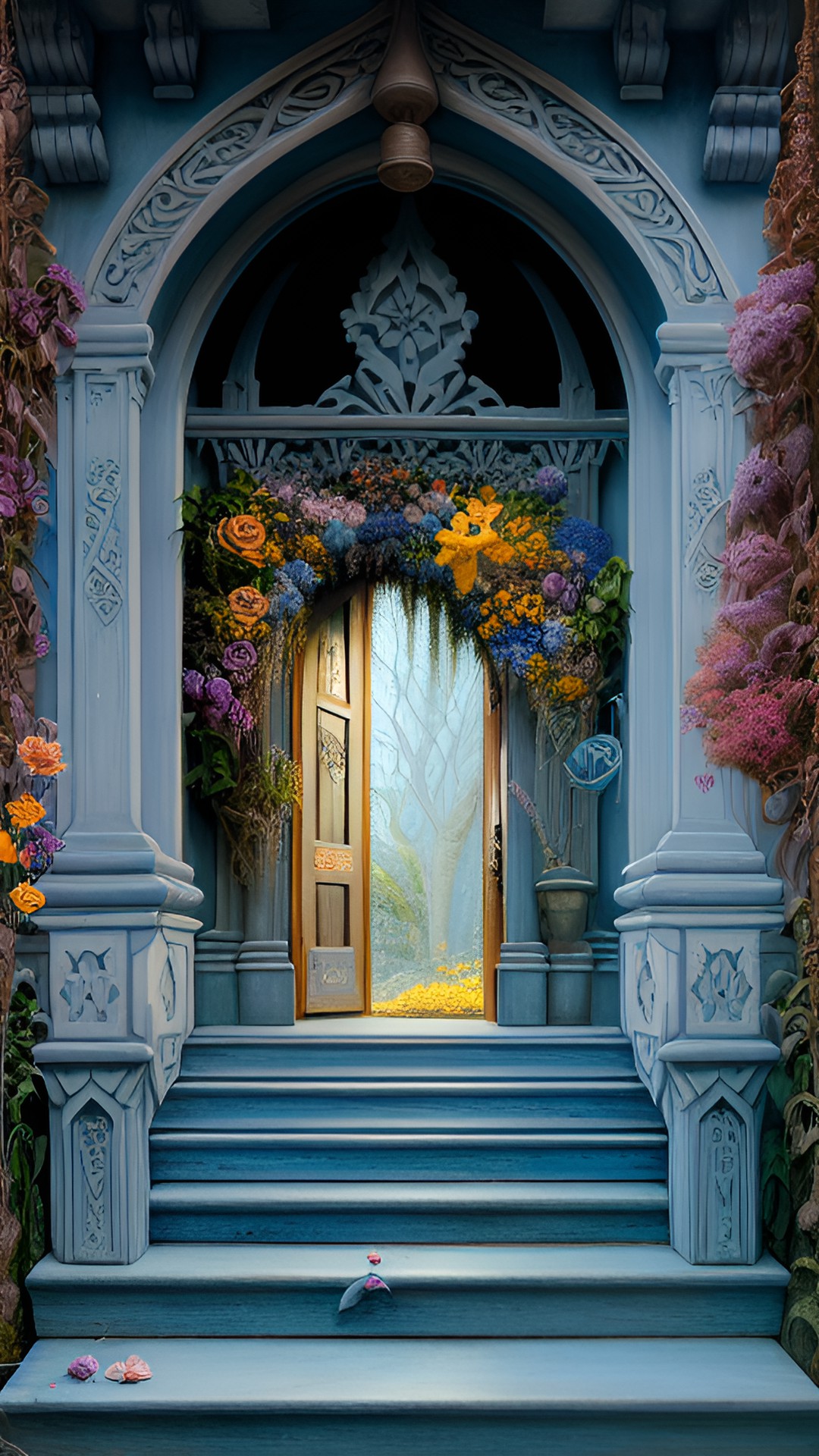 etherealethereal spring flowers, carved wooden doorway, carved wooden door at the end of stone steps, magical atmosphere, renato muccillo, andreas rocha, johanna rupprecht, beardsley, unreal render, cinematic blue --aspect 9:16 --s 2500 preview