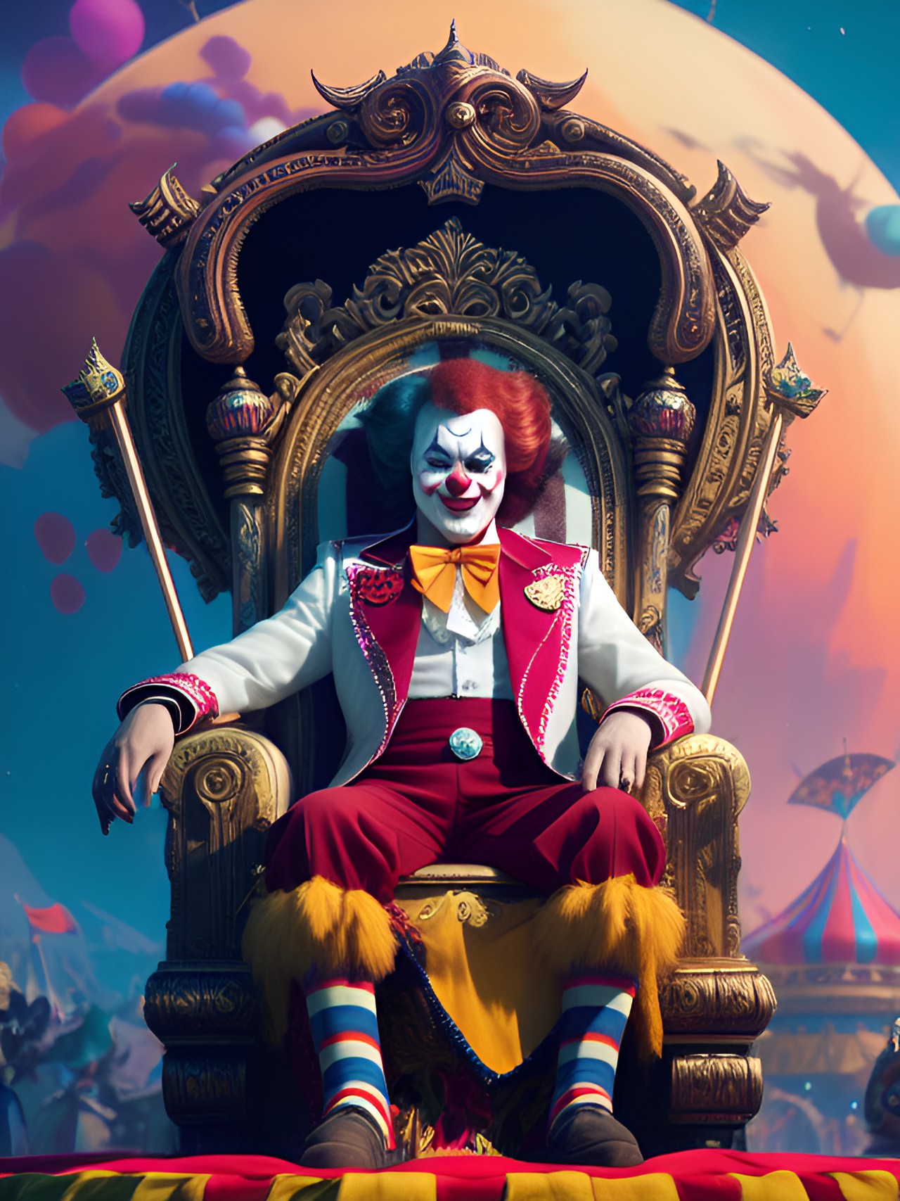 king clown on a throne in front of a circus tent preview