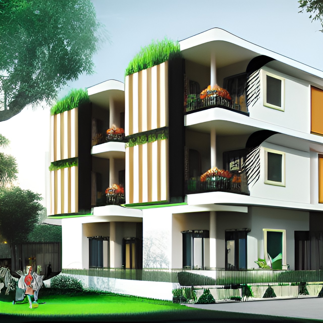 eco housing - 2d perspective medium density terraced eco housing along ridge. architectural style concept preview