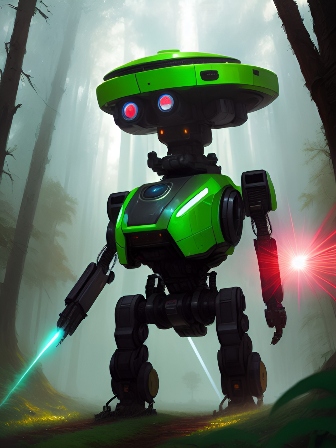 an alien robot walking in a forest close up firing a laser beam preview